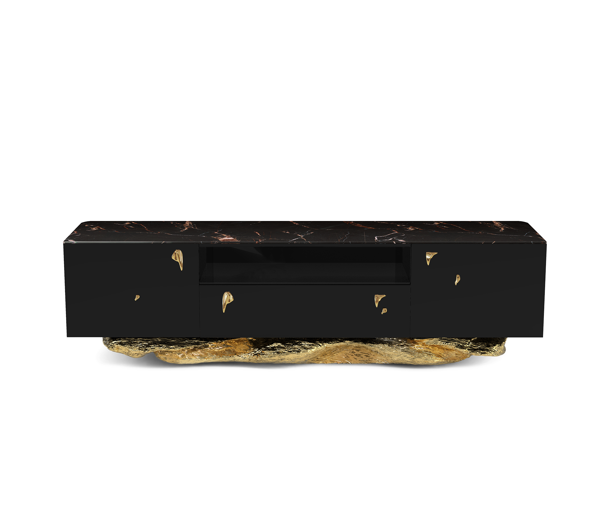 Luxury Black Gold Media Console with Marble Top & Hidden Storage