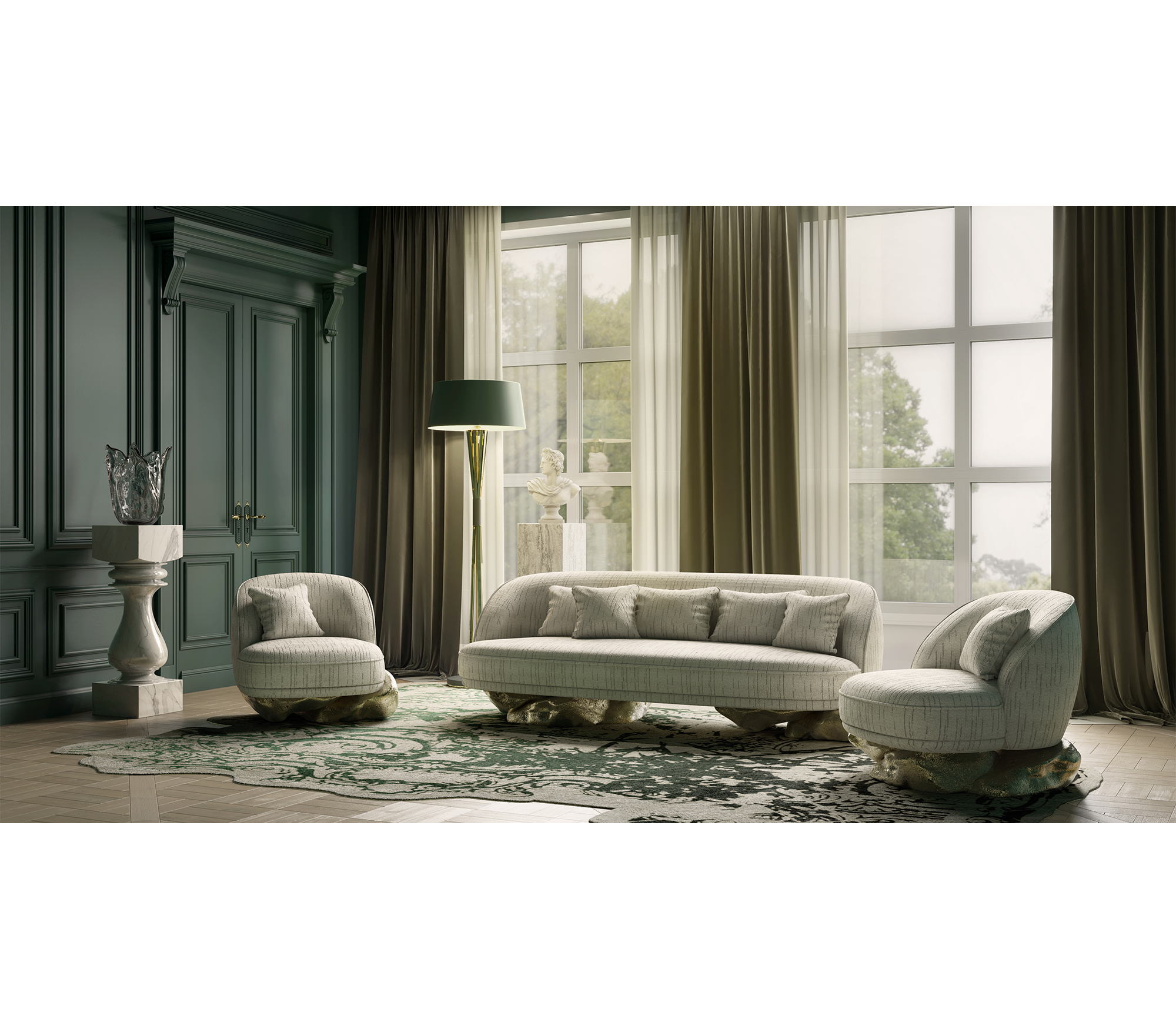 Luxury Sculptural Sofa with Polished Hammered Brass Base & Organic Curved Design