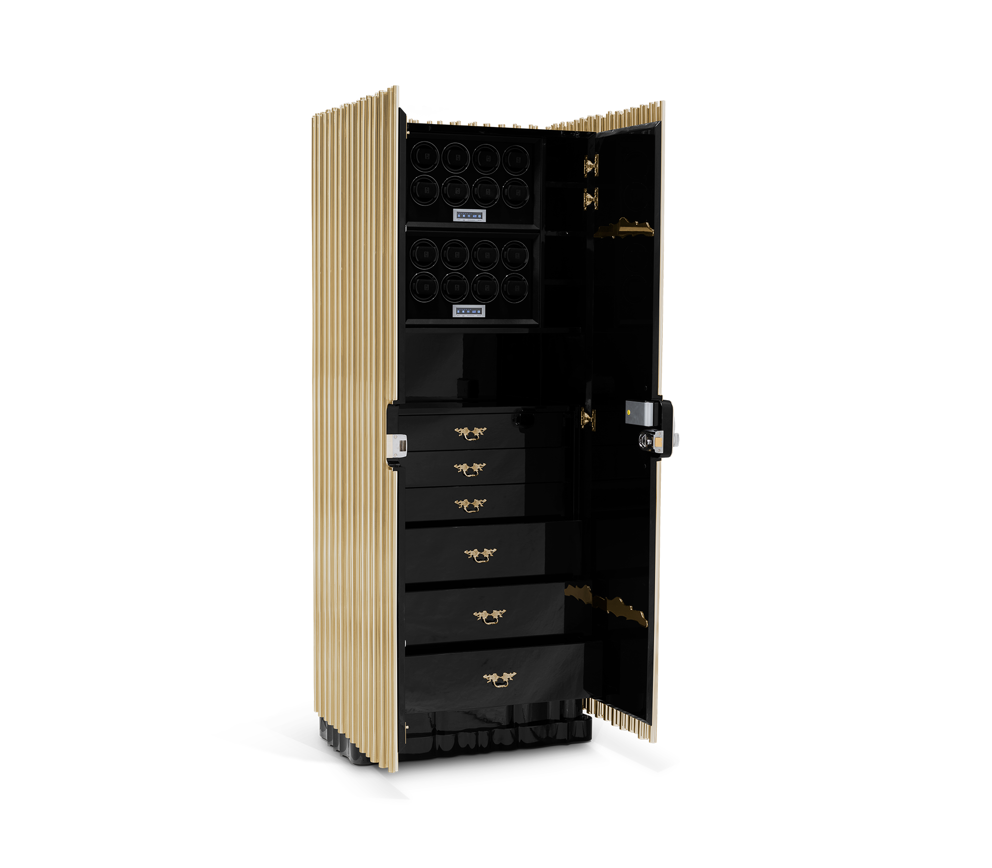 Luxury Symphony Watch Winder Safe with Gold-Plated Brass Pipes & High-Security Storage System
