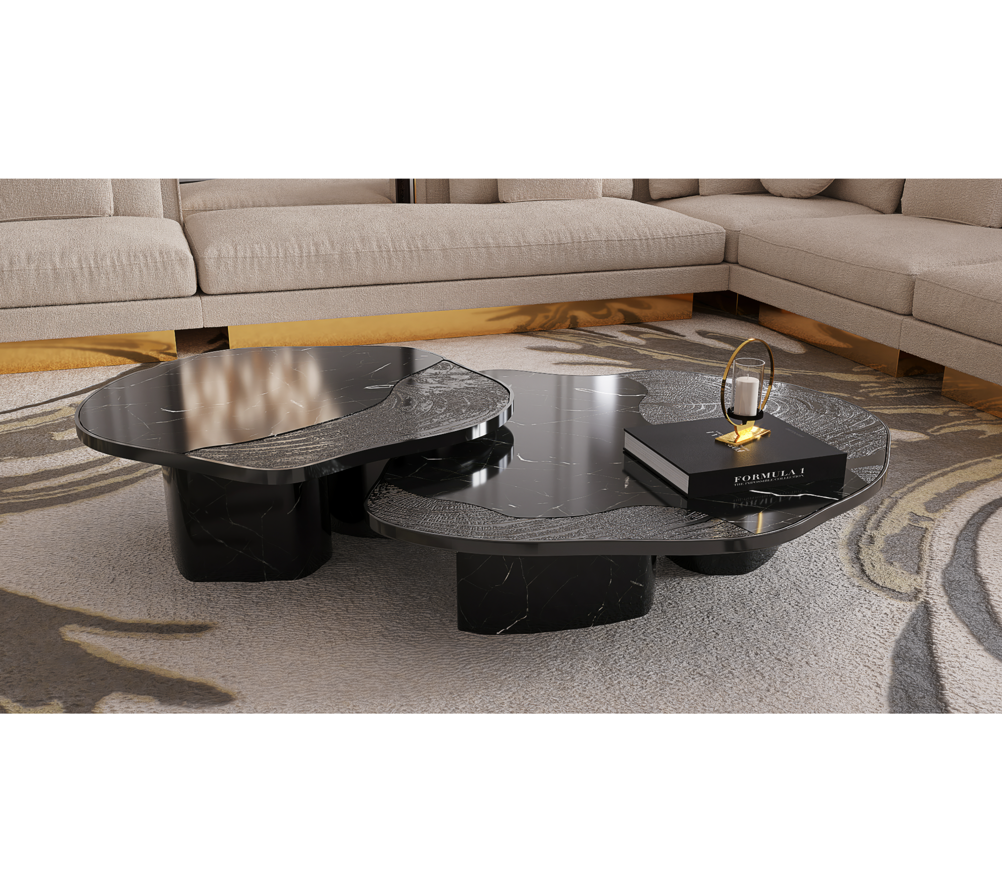 Luxury Calacatta Marble Coffee Table with Black Sculptural Base & Modern Design