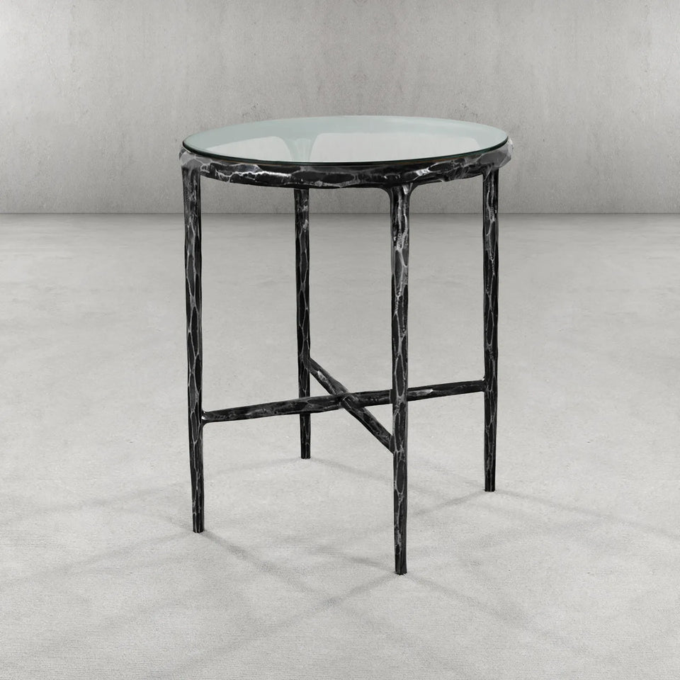 Thaddeus Metal Glass Round Side Table Hand-Forged End Table