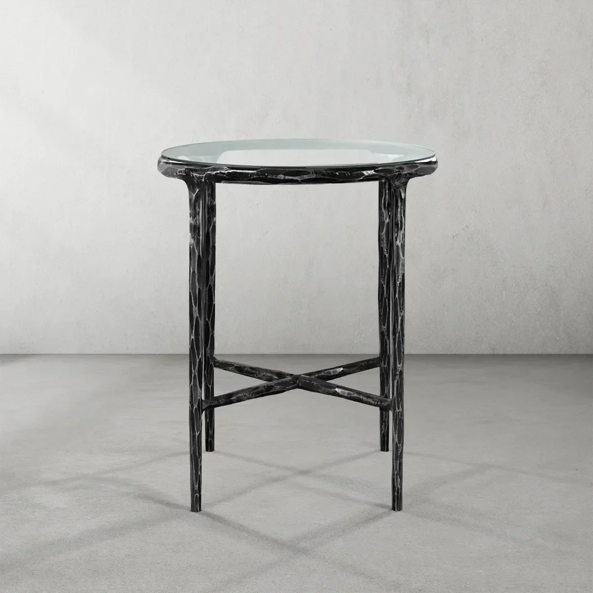 Thaddeus Metal Glass Round Side Table Hand-Forged End Table