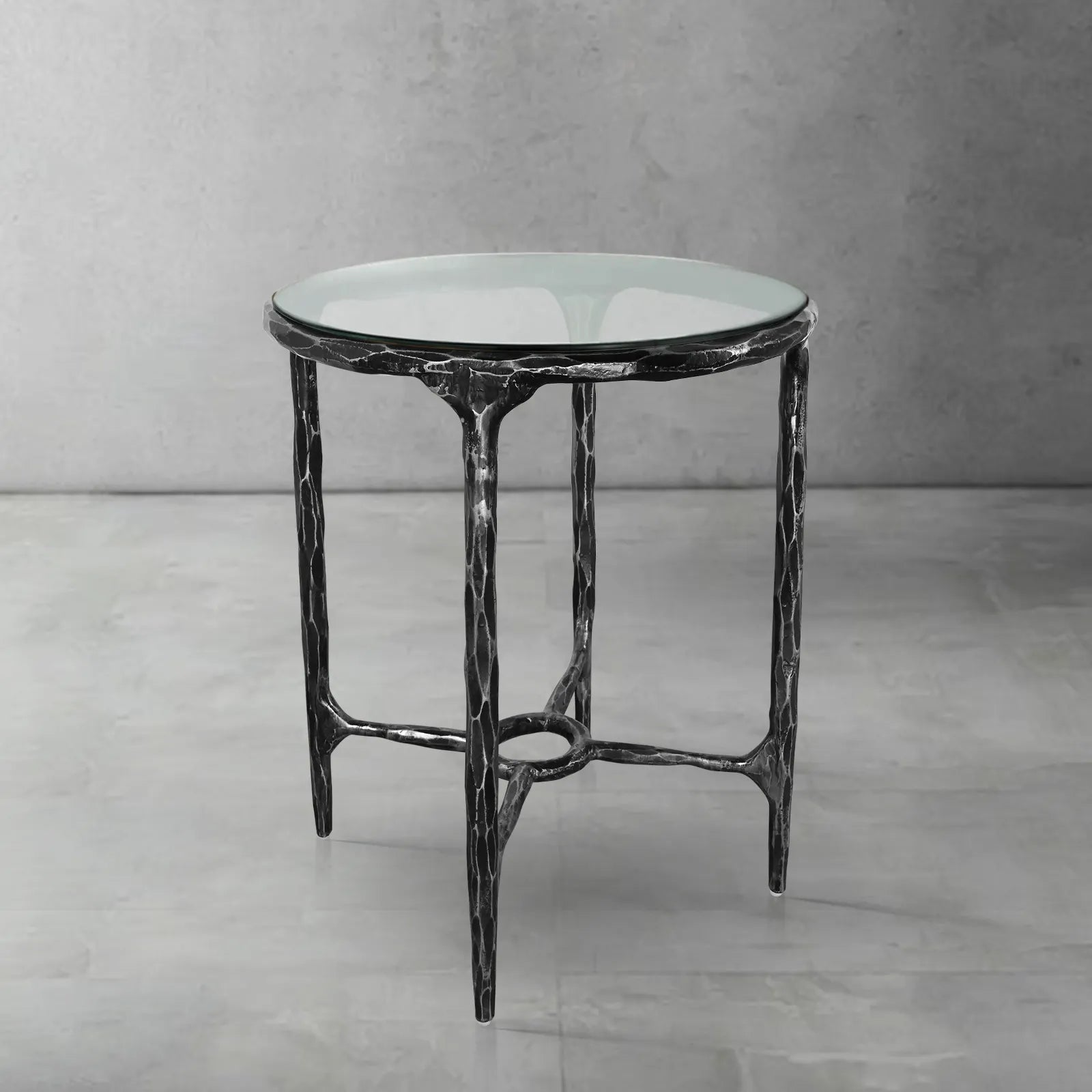 Thaddeus Metal Glass Round Side Table Hand-Forged End Table