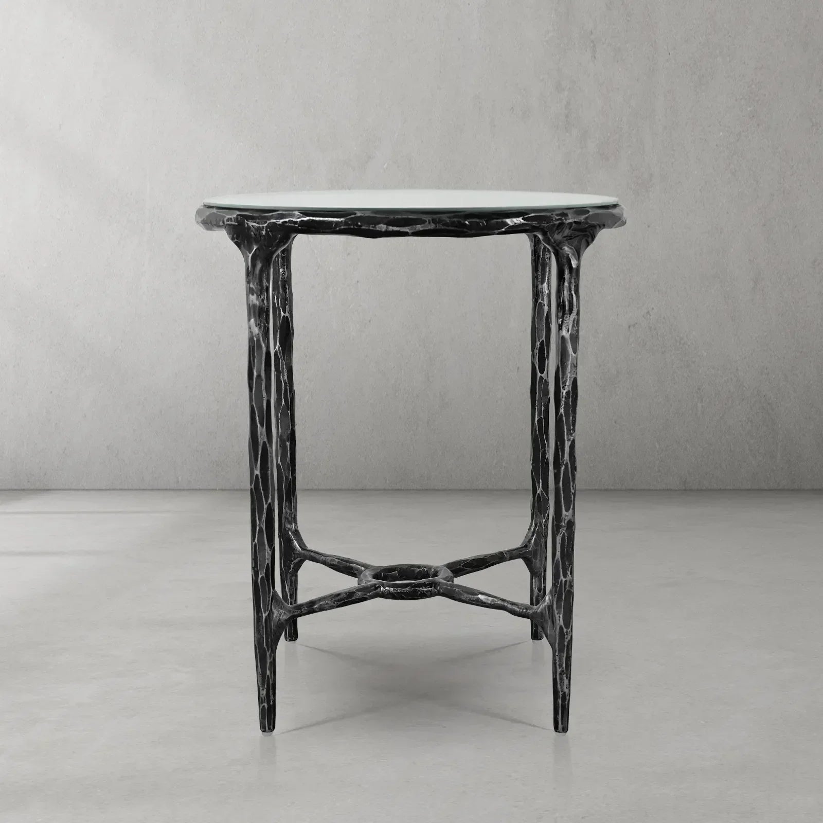 Thaddeus Metal Glass Round Side Table Hand-Forged End Table