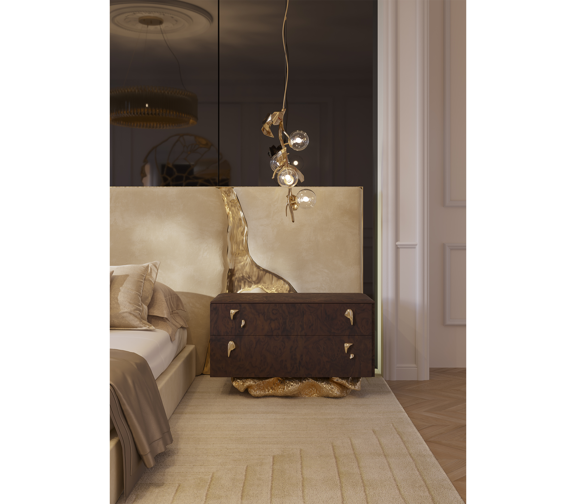 Angra Walnut Root Organic Gold Base Luxury Nightstand