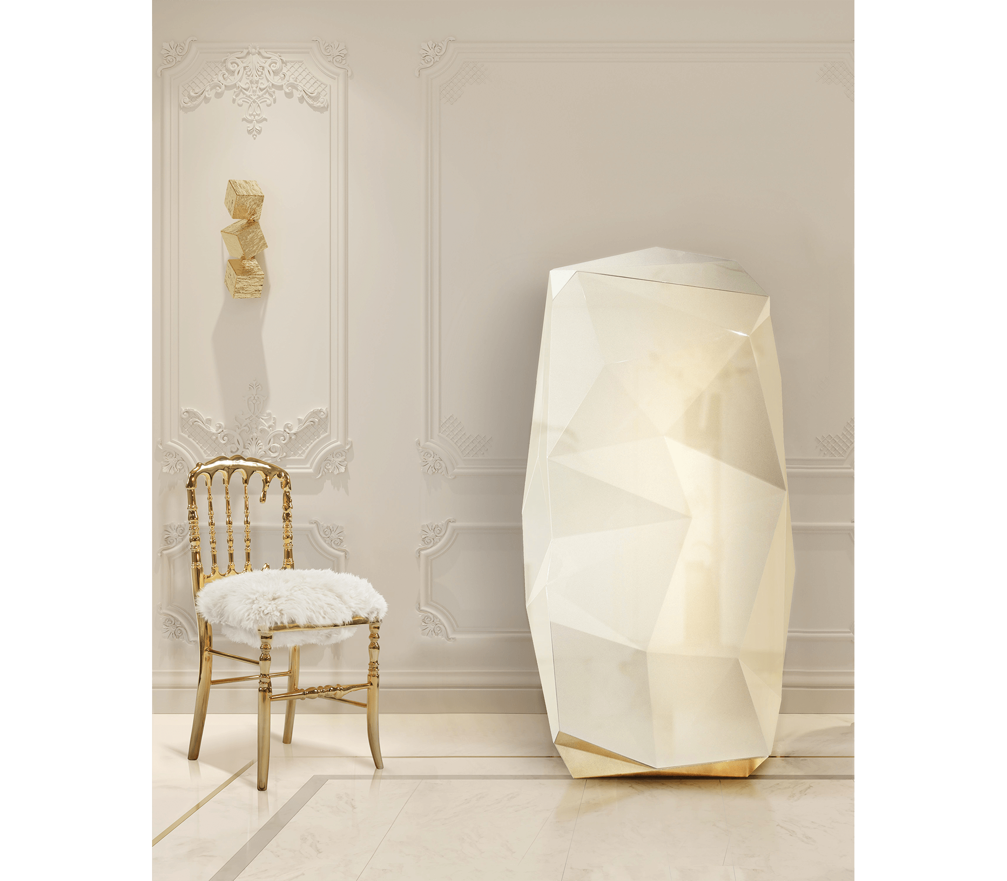 Emporium Fur Surrealist Gold Plated Luxury Chair with Soft Fluffy White Seat