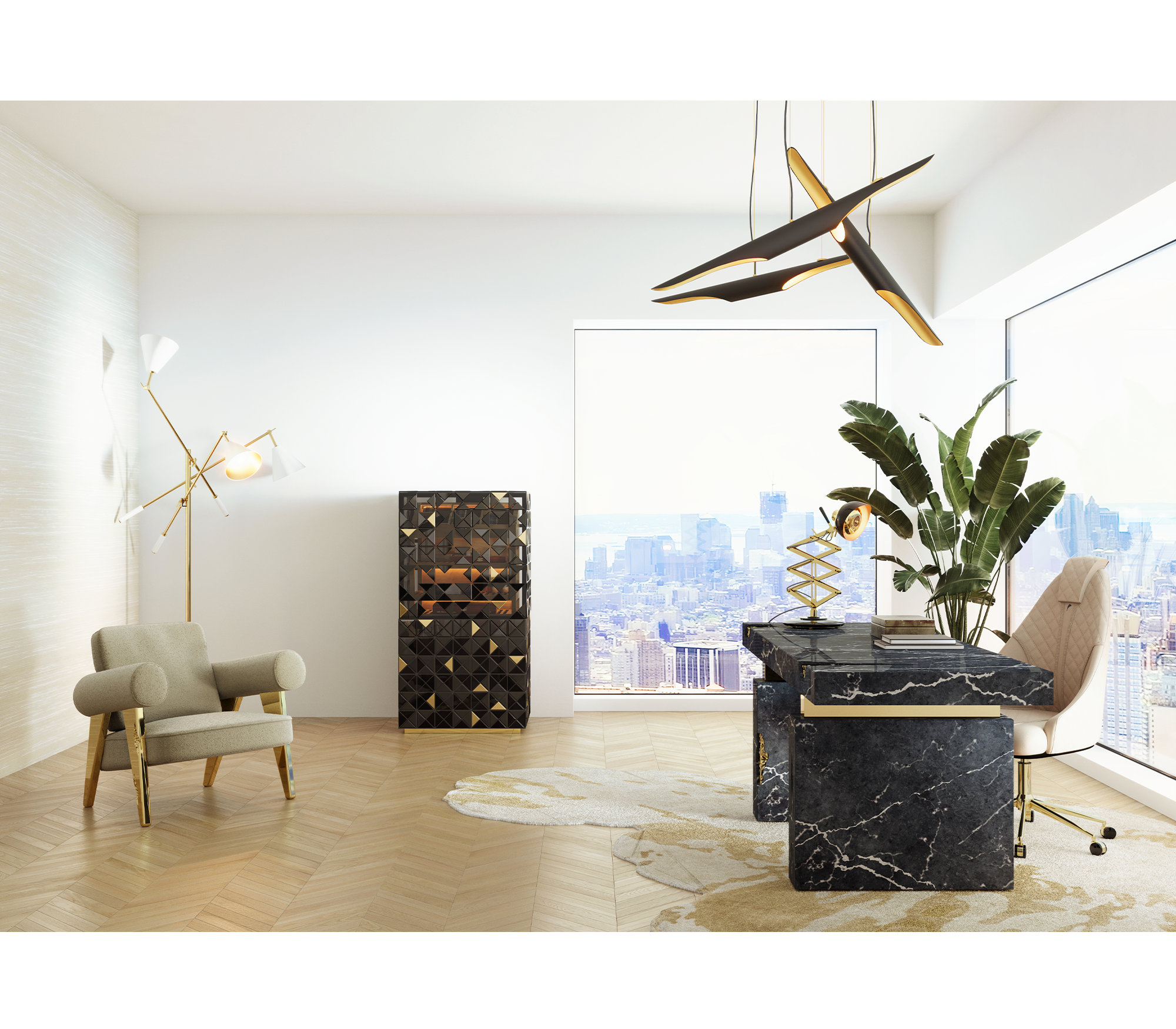 Empire Cracked Brass Inlay Marble Luxury Desk