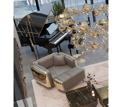 Imperfectio Hammered Brass Upholstered Luxury Ottoman