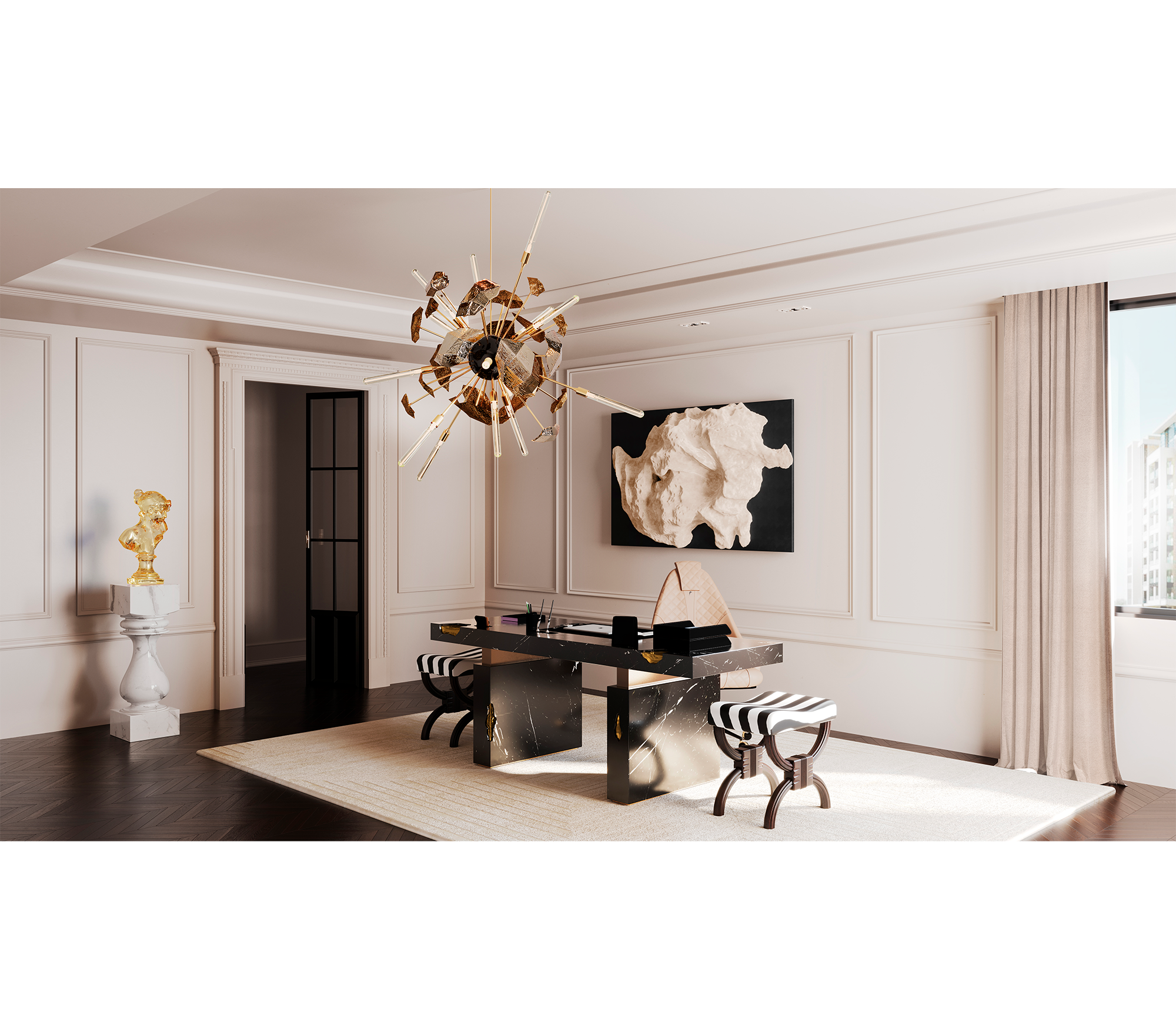 Empire Cracked Brass Inlay Marble Luxury Desk