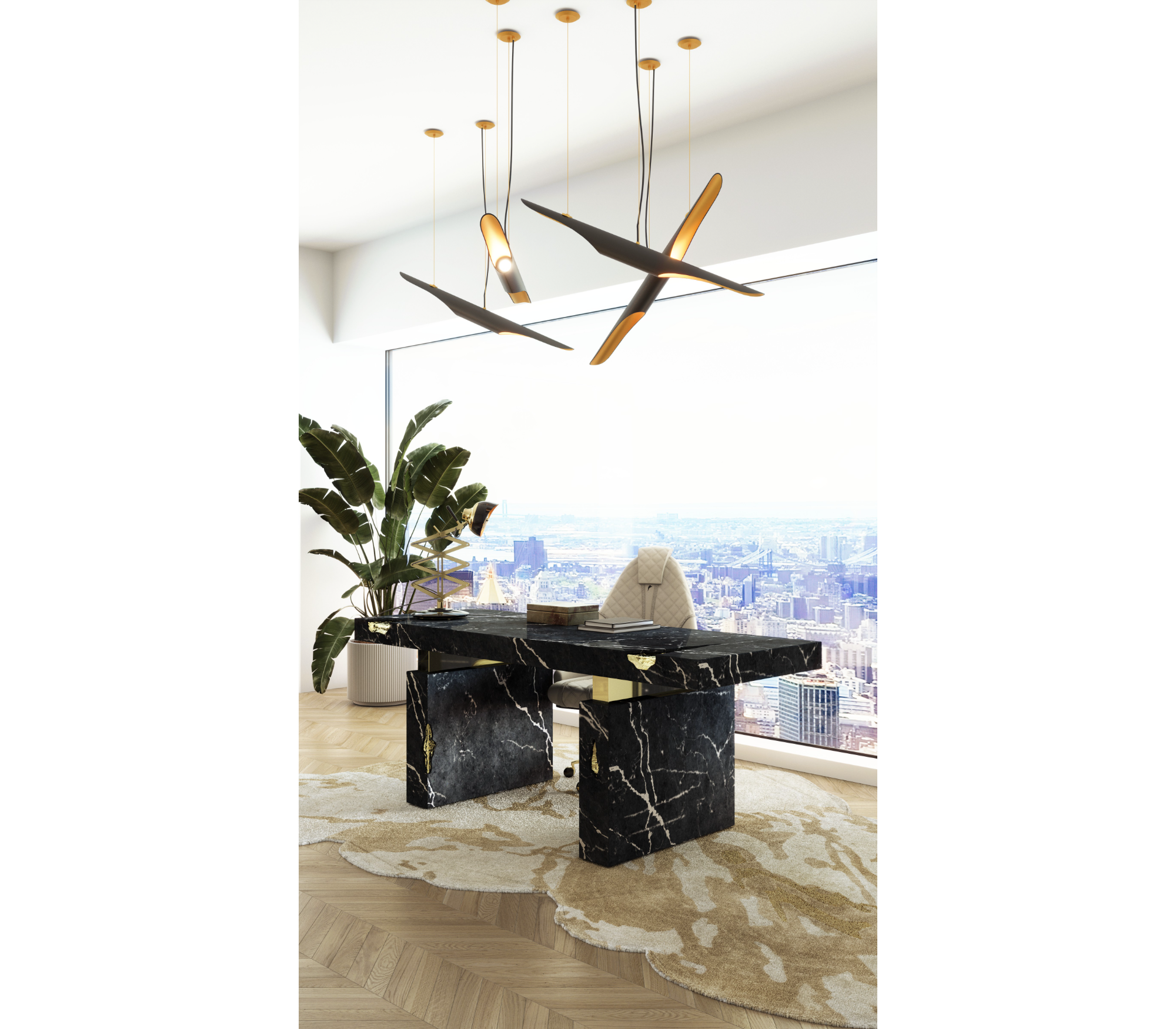 Empire Cracked Brass Inlay Marble Luxury Desk