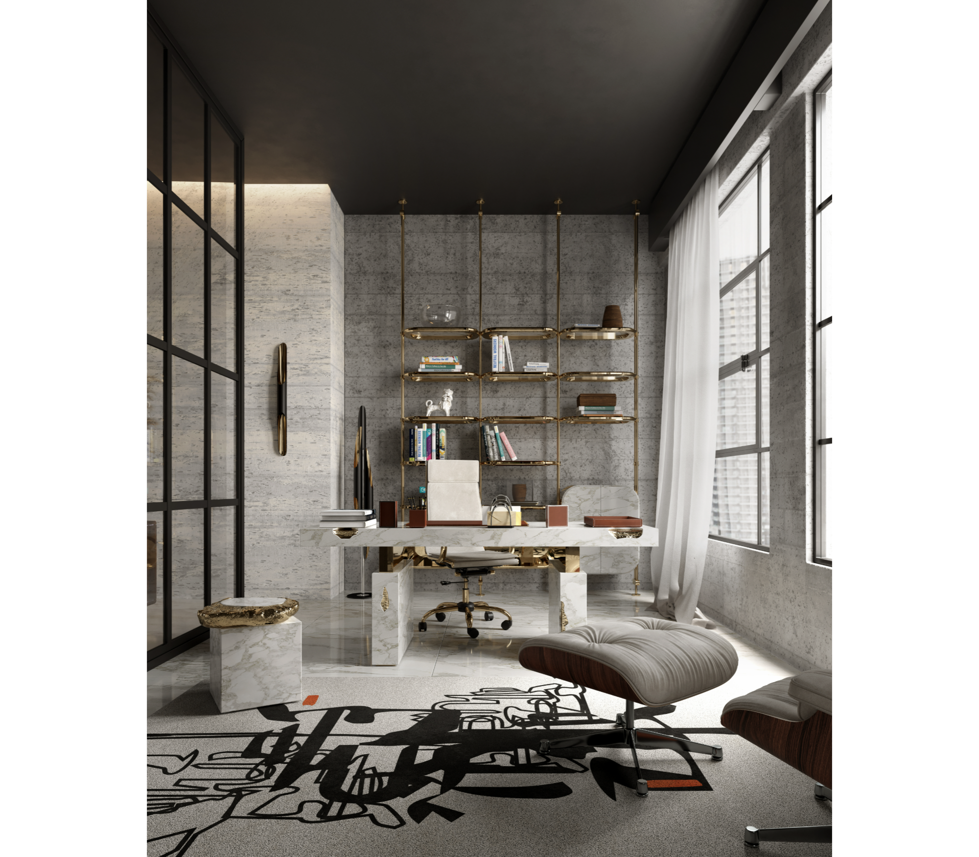 Empire Cracked Brass Inlay Marble Luxury Desk