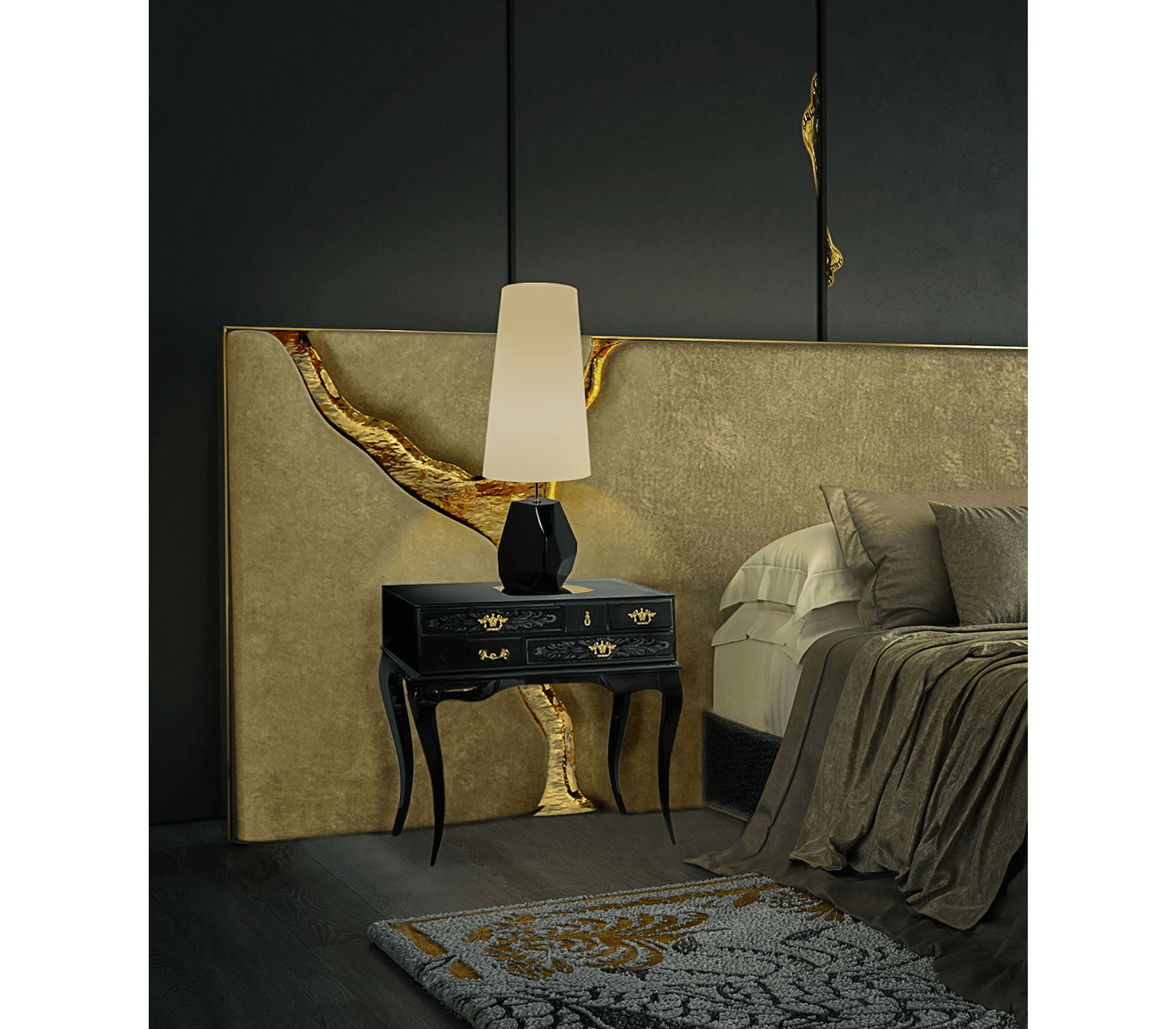 York Right Baroque High Gloss Black Luxury Nightstand