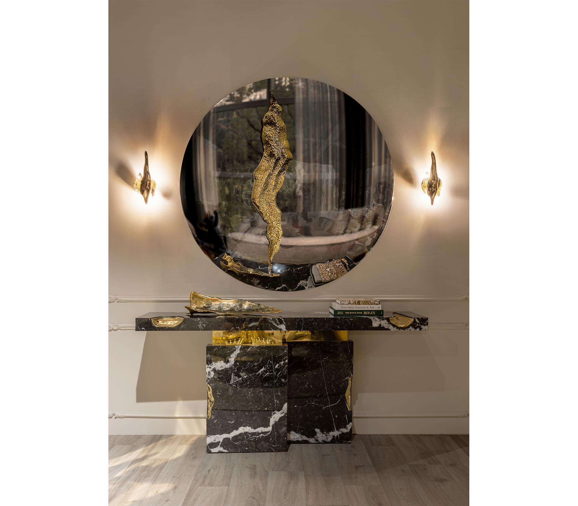 Empire Consoles Hammered Gilded Brass Entryways Cabinet Table