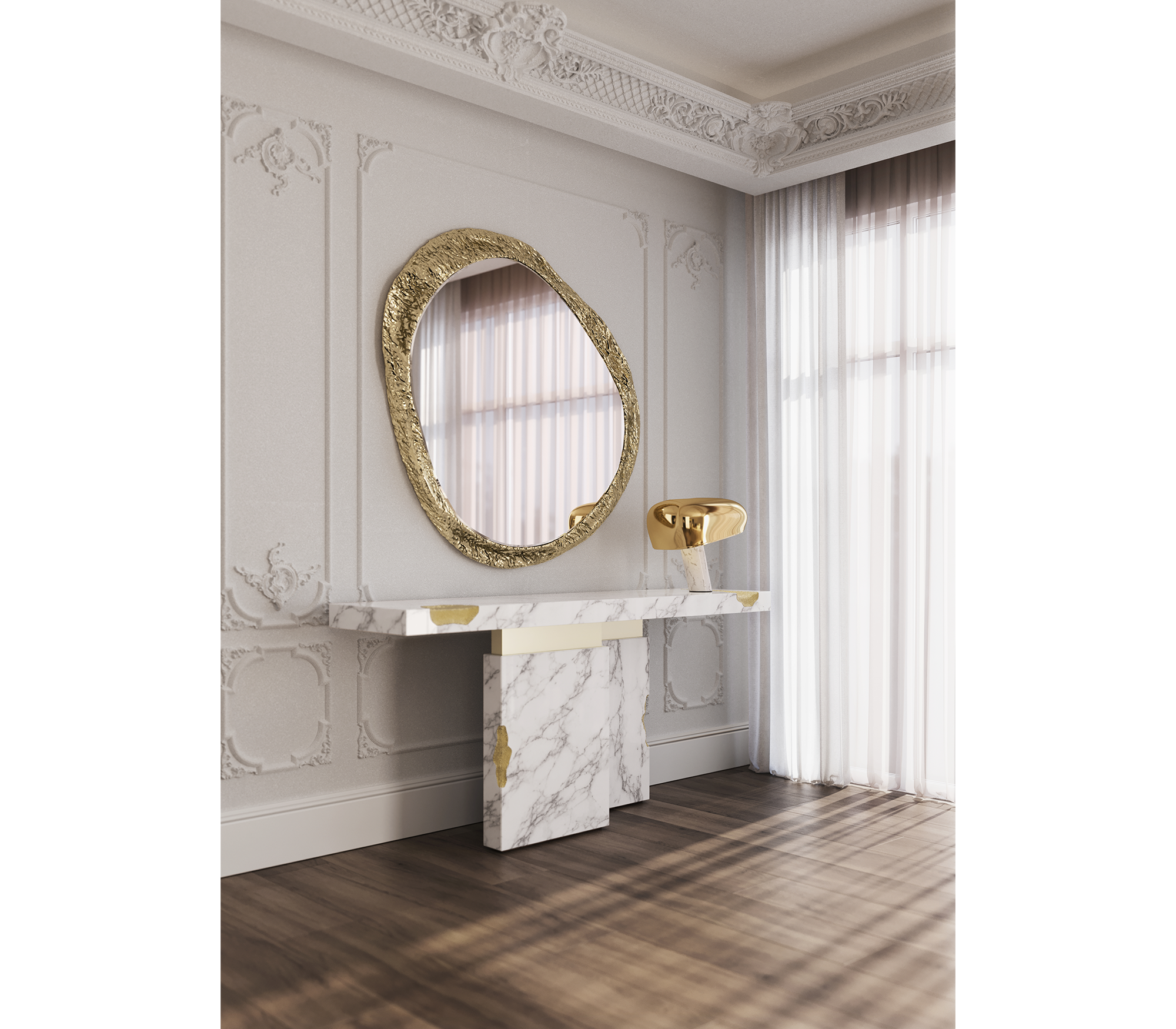 Empire Consoles Hammered Gilded Brass Entryways Cabinet Table