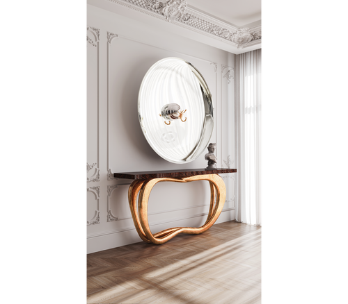 Infinity Consoles Curved Copper Leaf Entryways Cabinet Table