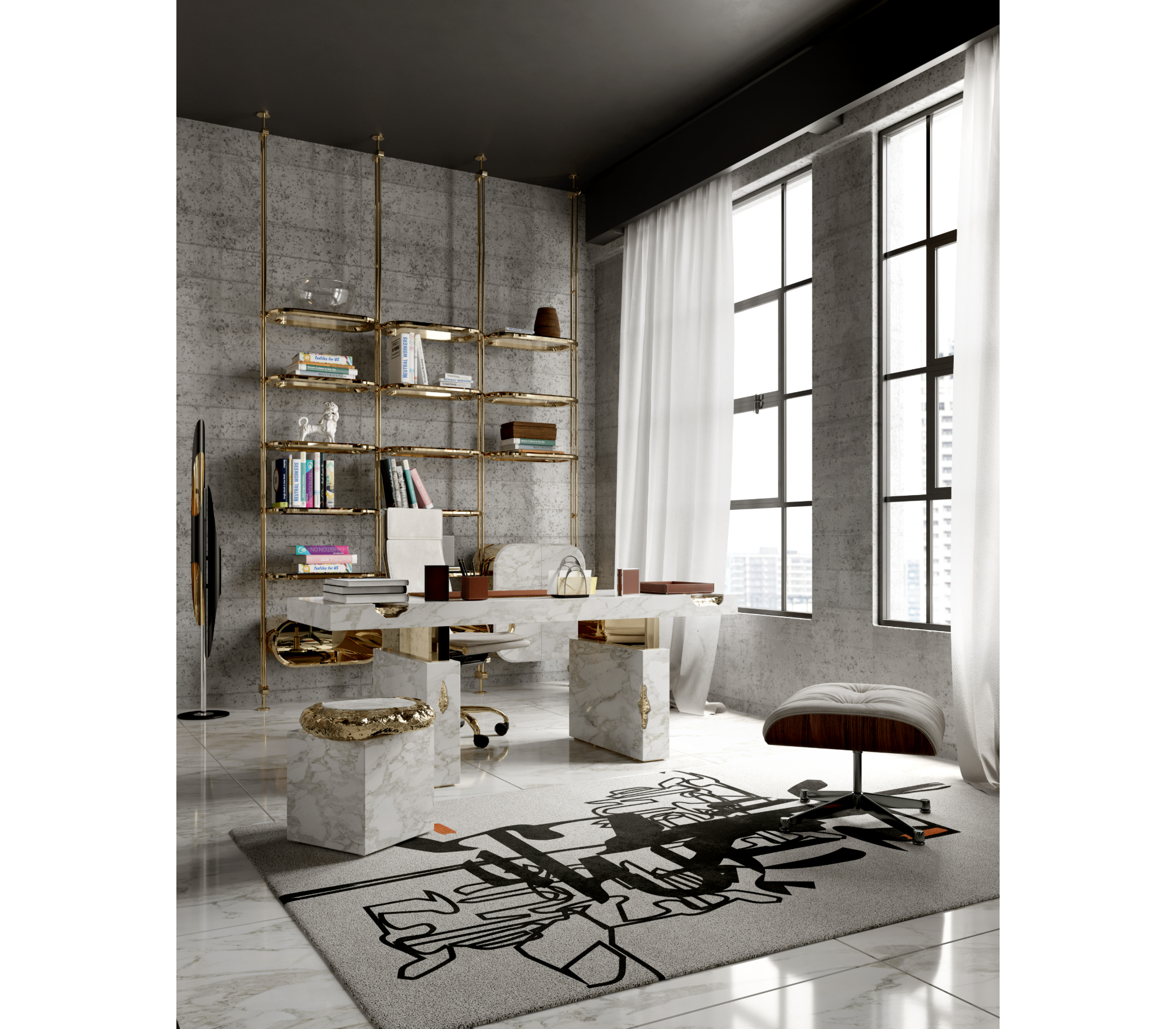 Empire Cracked Brass Inlay Marble Luxury Desk