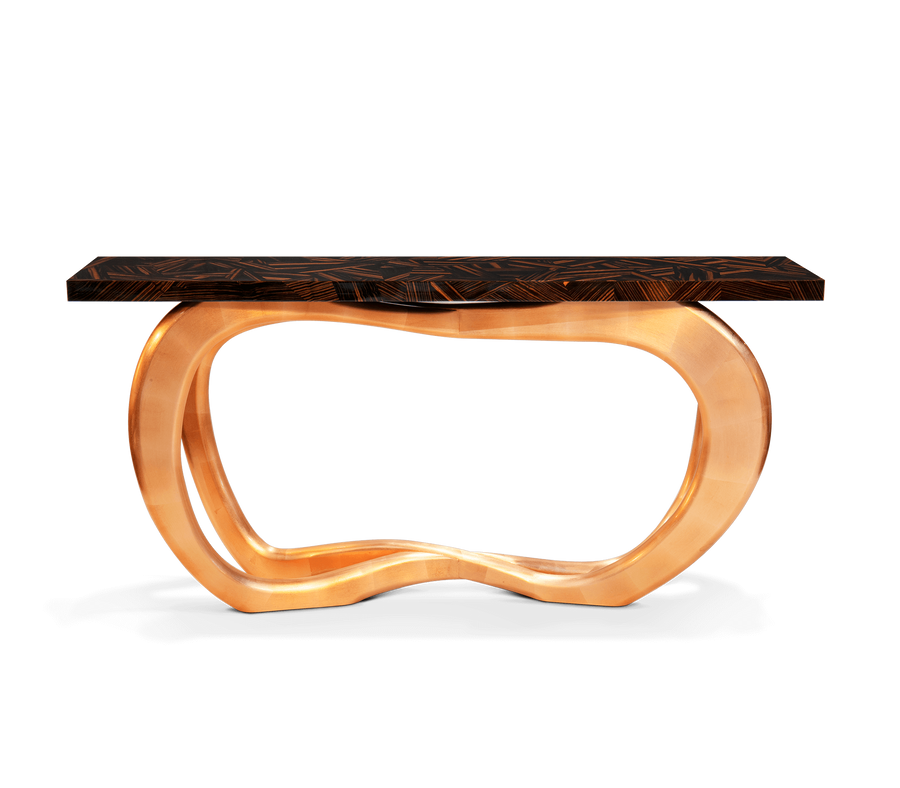Infinity Consoles Curved Copper Leaf Entryways Cabinet Table