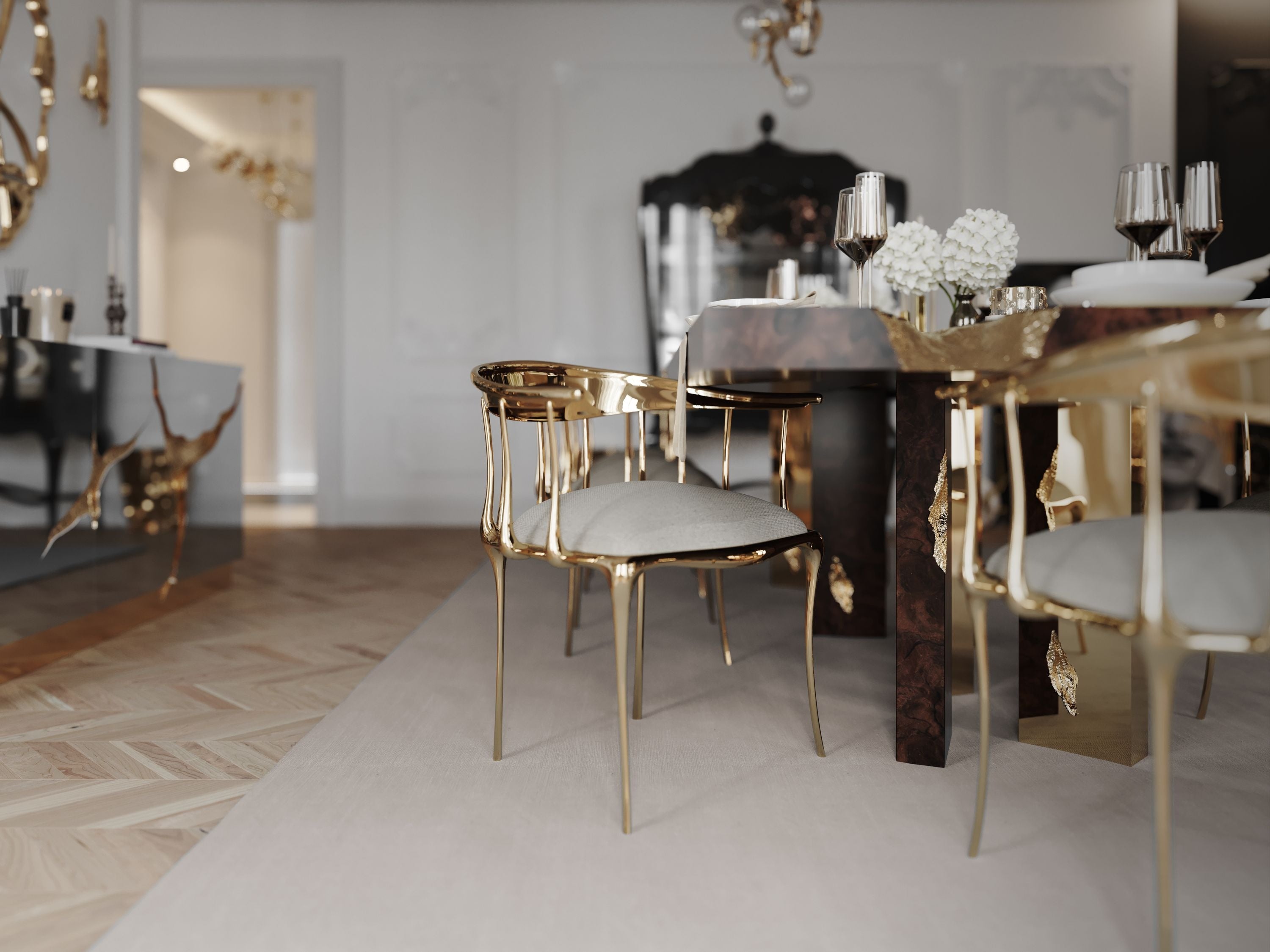 Nº 11 Cream Velvet Surrealist Polished Gold Dining Chair