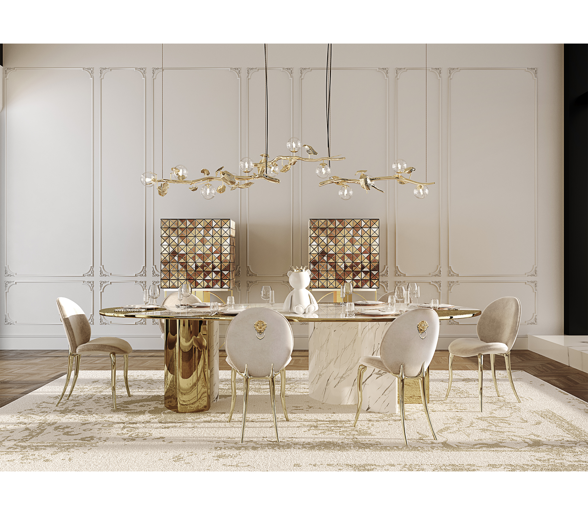 Ophelia Oval Carrara Marble & Gold Dining Table