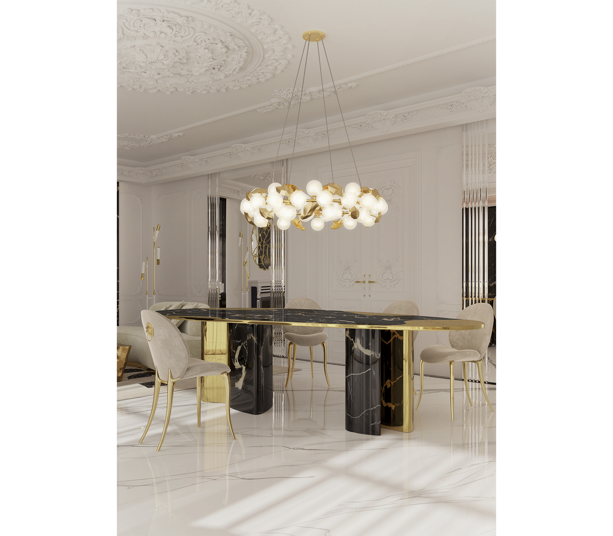 Ophelia Oval Carrara Marble & Gold Dining Table