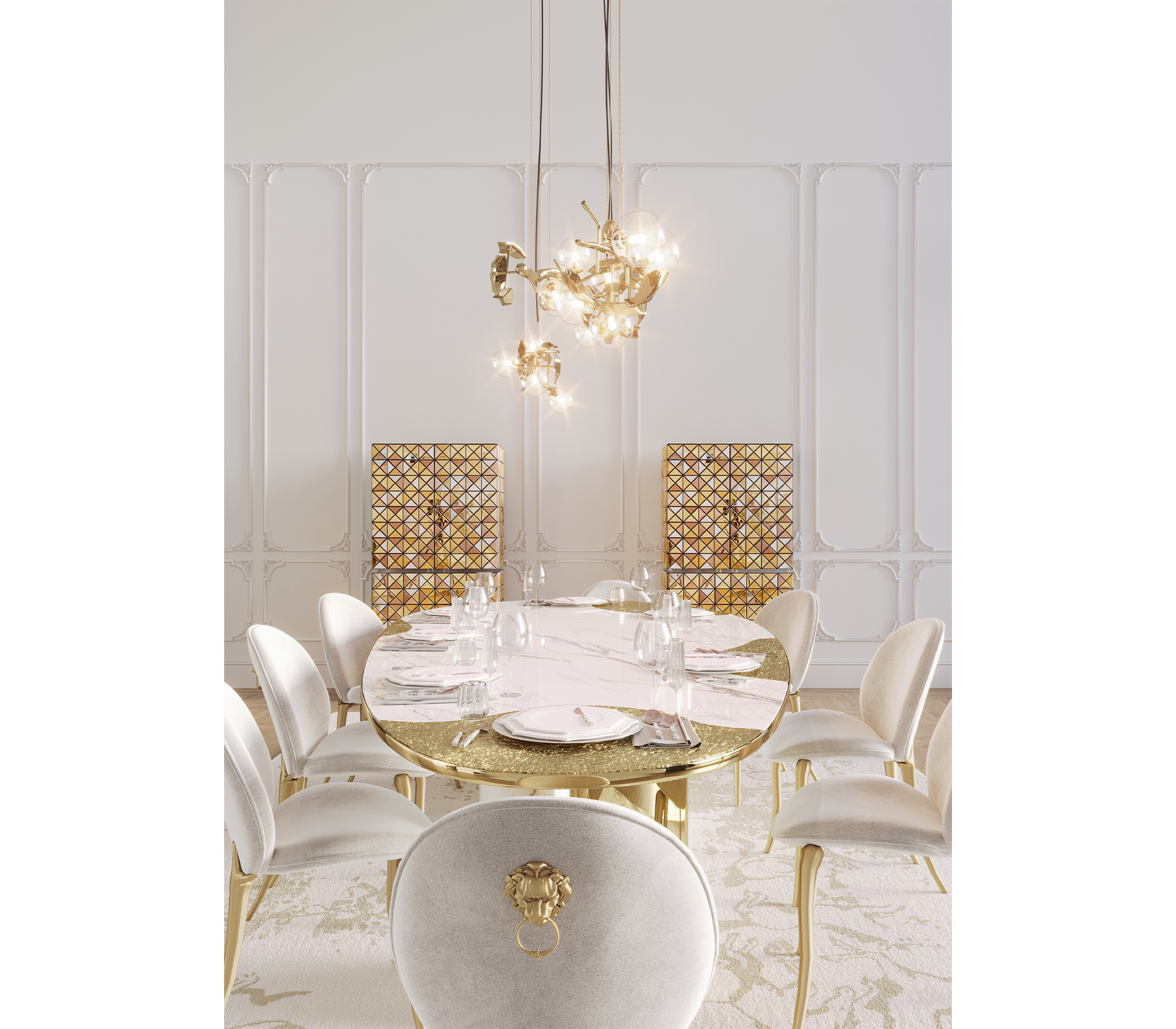 Ophelia Oval Carrara Marble & Gold Dining Table
