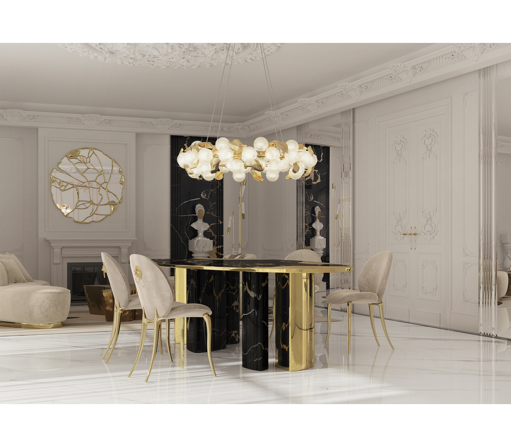 Ophelia Oval Carrara Marble & Gold Dining Table