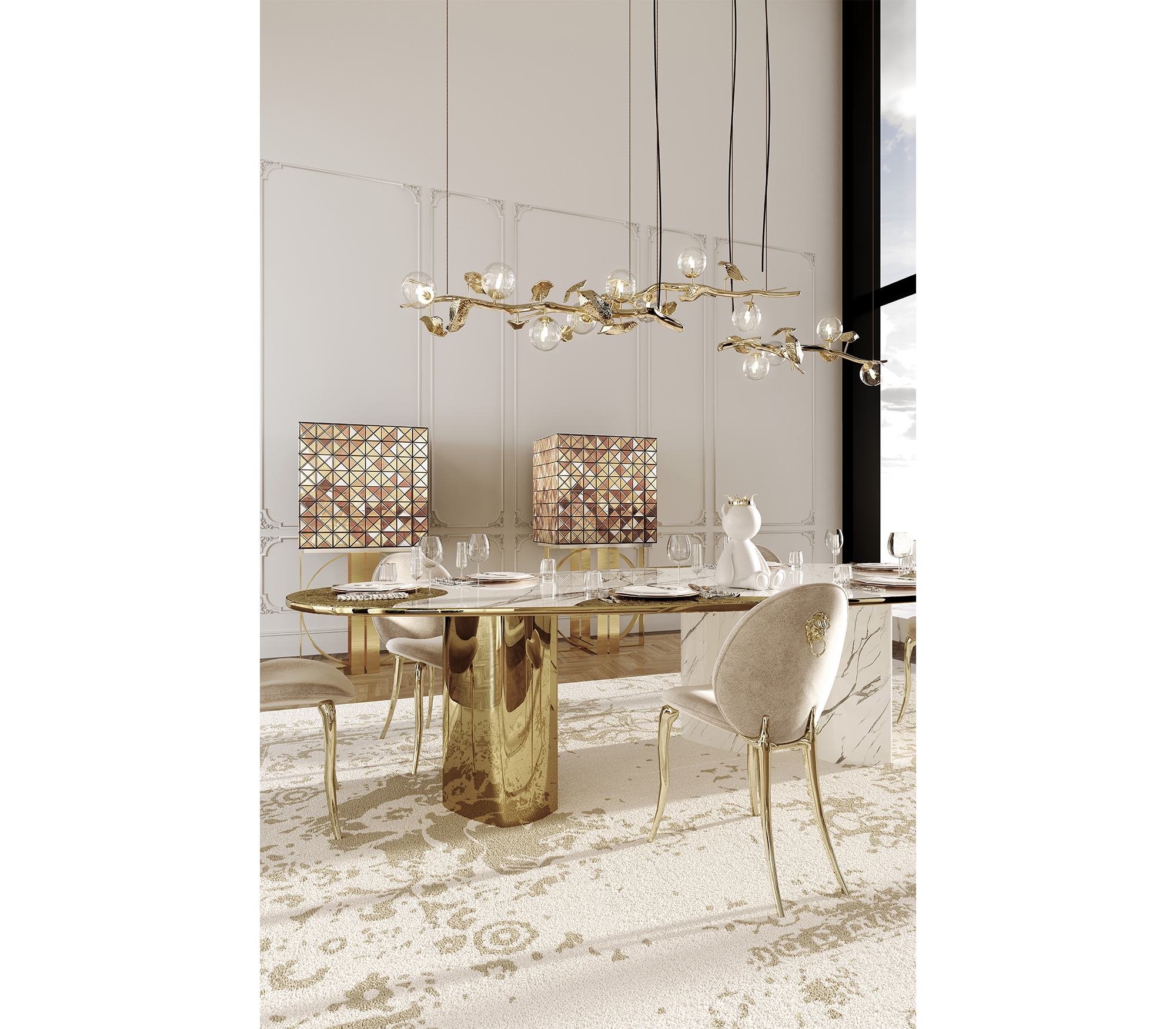 Ophelia Oval Carrara Marble & Gold Dining Table