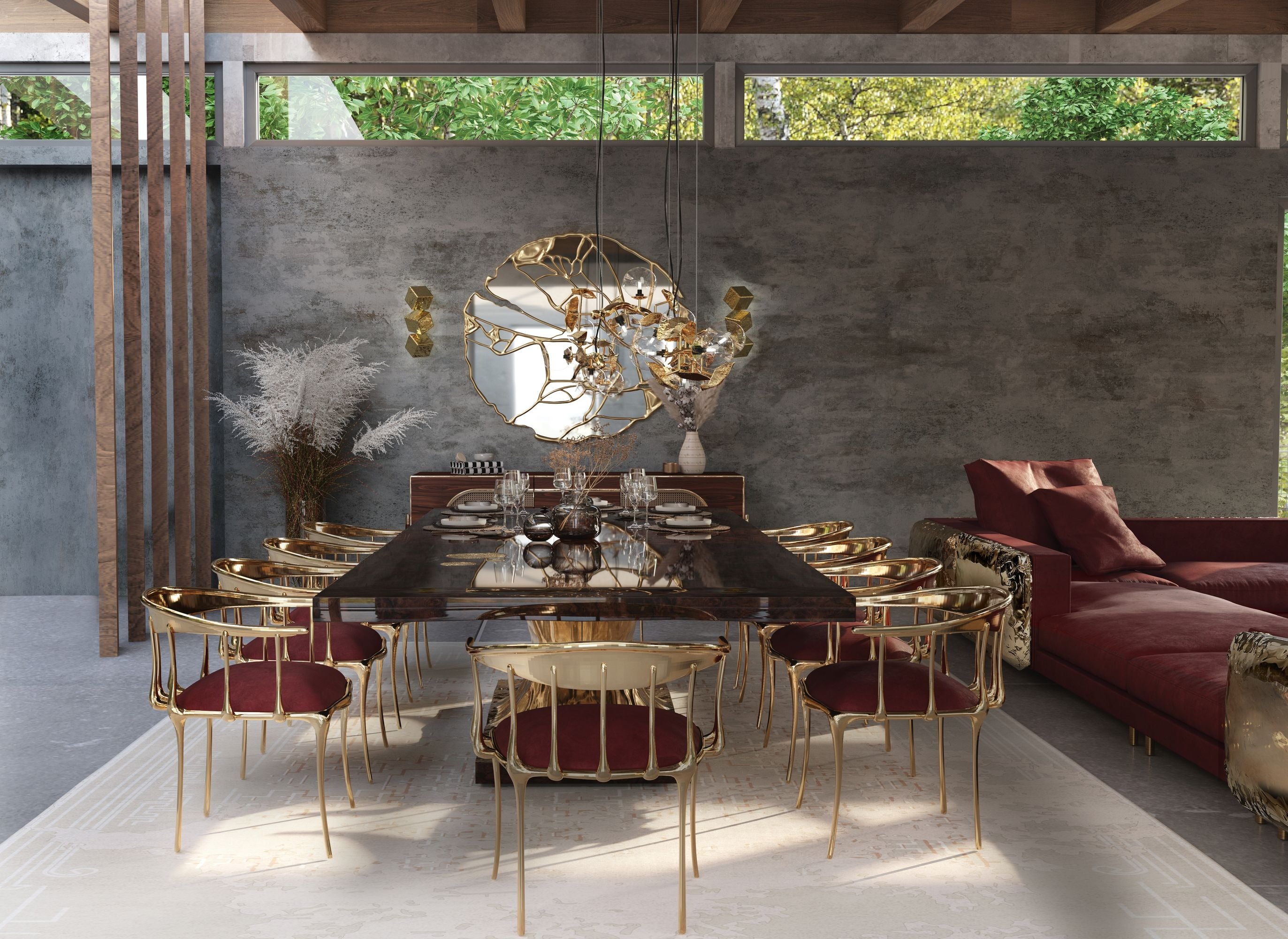 Nº 11 Burgundy Velvet Polished Gold Surrealist Dining Chair