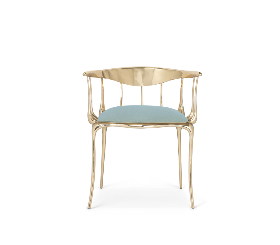 Nº 11 Light Blue Velvet Surrealist Polished Gold Dining Chair