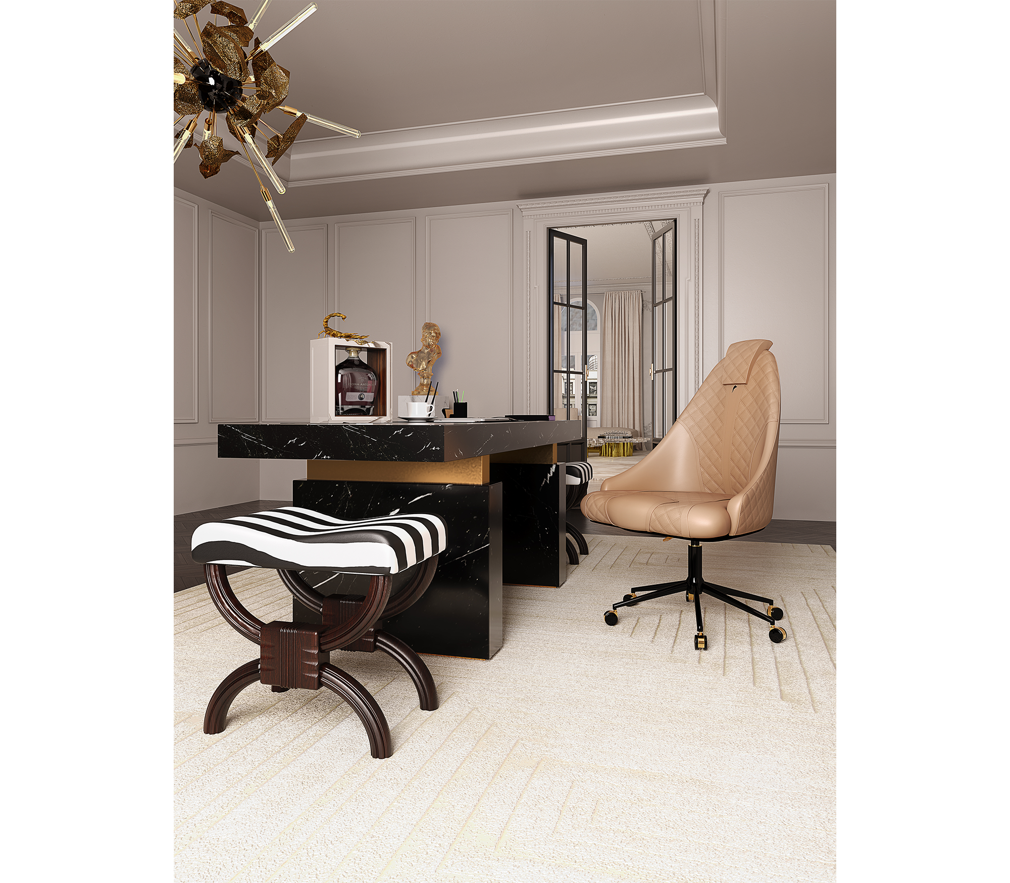 Atlas Diamond Stitch Leather Executive Office Chair with Brass Base