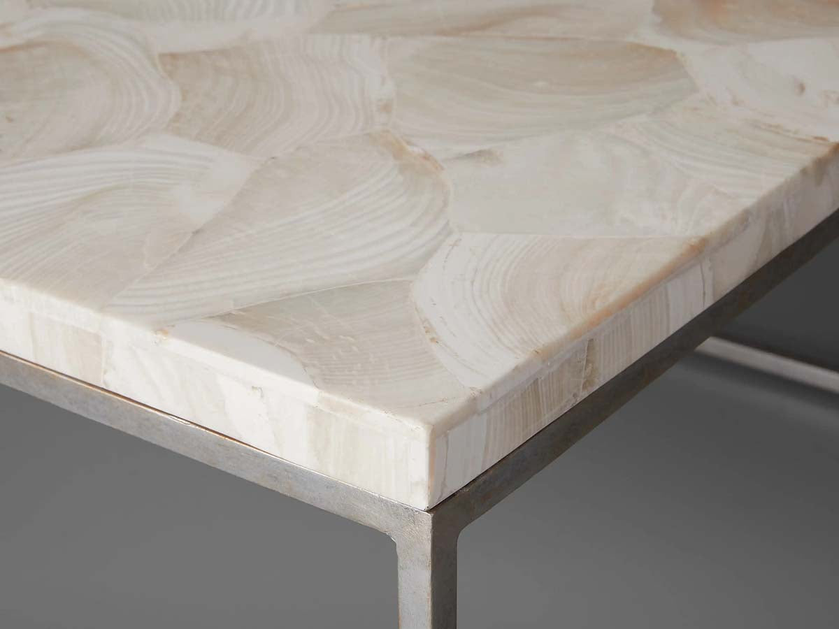 Arielle Rectangle Coffee Table with Fossilized Clamshell Top Iron Base Sofa Center Tea Table