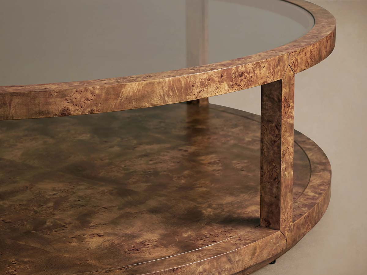 Corey Mappa Burl Round Coffee Table Glass Tabletop Cocktail Table Sofa Center Tea Table