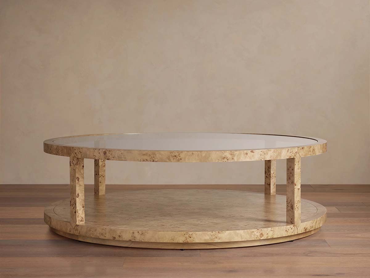 Corey Mappa Burl Round Coffee Table Glass Tabletop Cocktail Table Sofa Center Tea Table