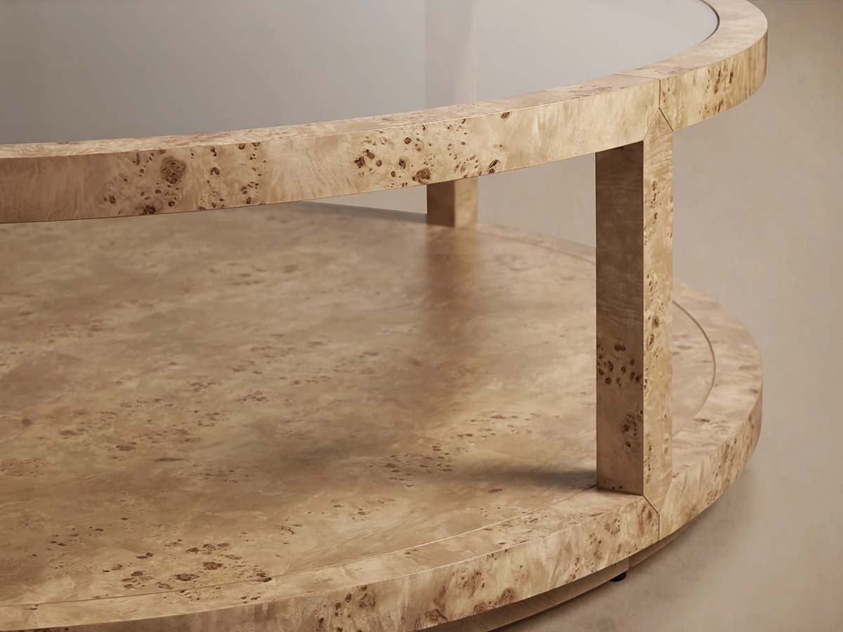 Corey Mappa Burl Round Coffee Table Glass Tabletop Cocktail Table Sofa Center Tea Table
