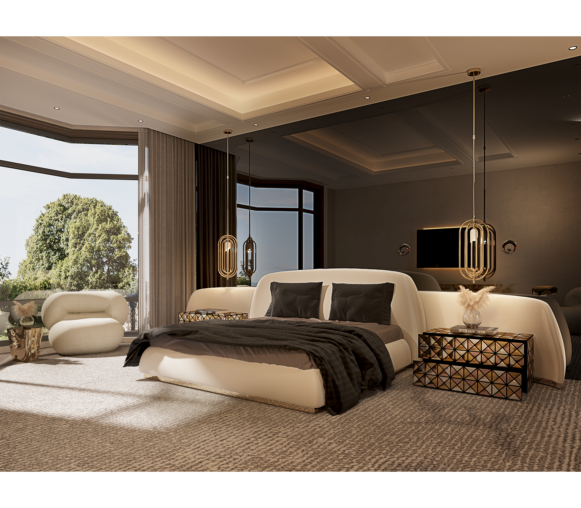 Odette Curved Velvet Polished Brass Luxury King Bed