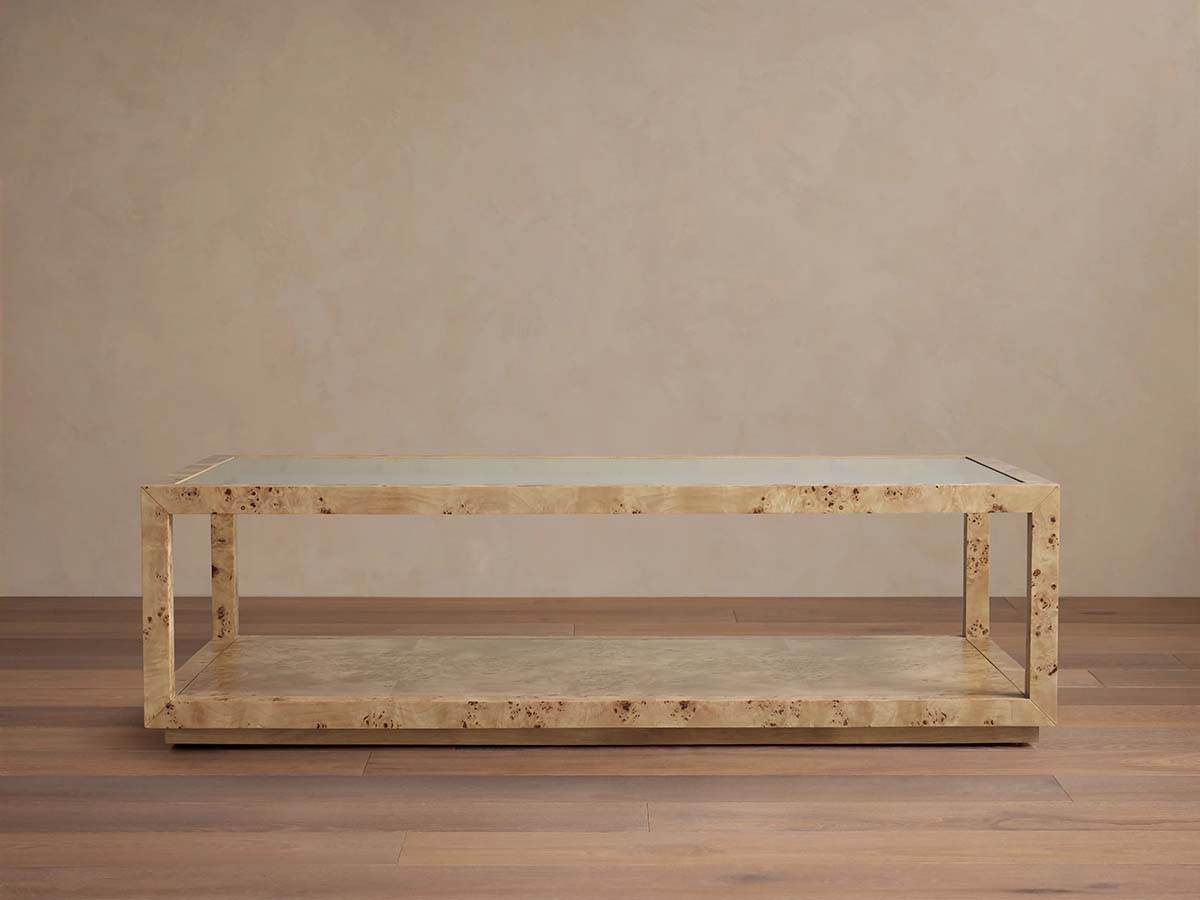 Corey Rectangle Coffee Table with Mappa Burl Wood & Glass Tabletop Sofa Center Tea Table Cocktail Table