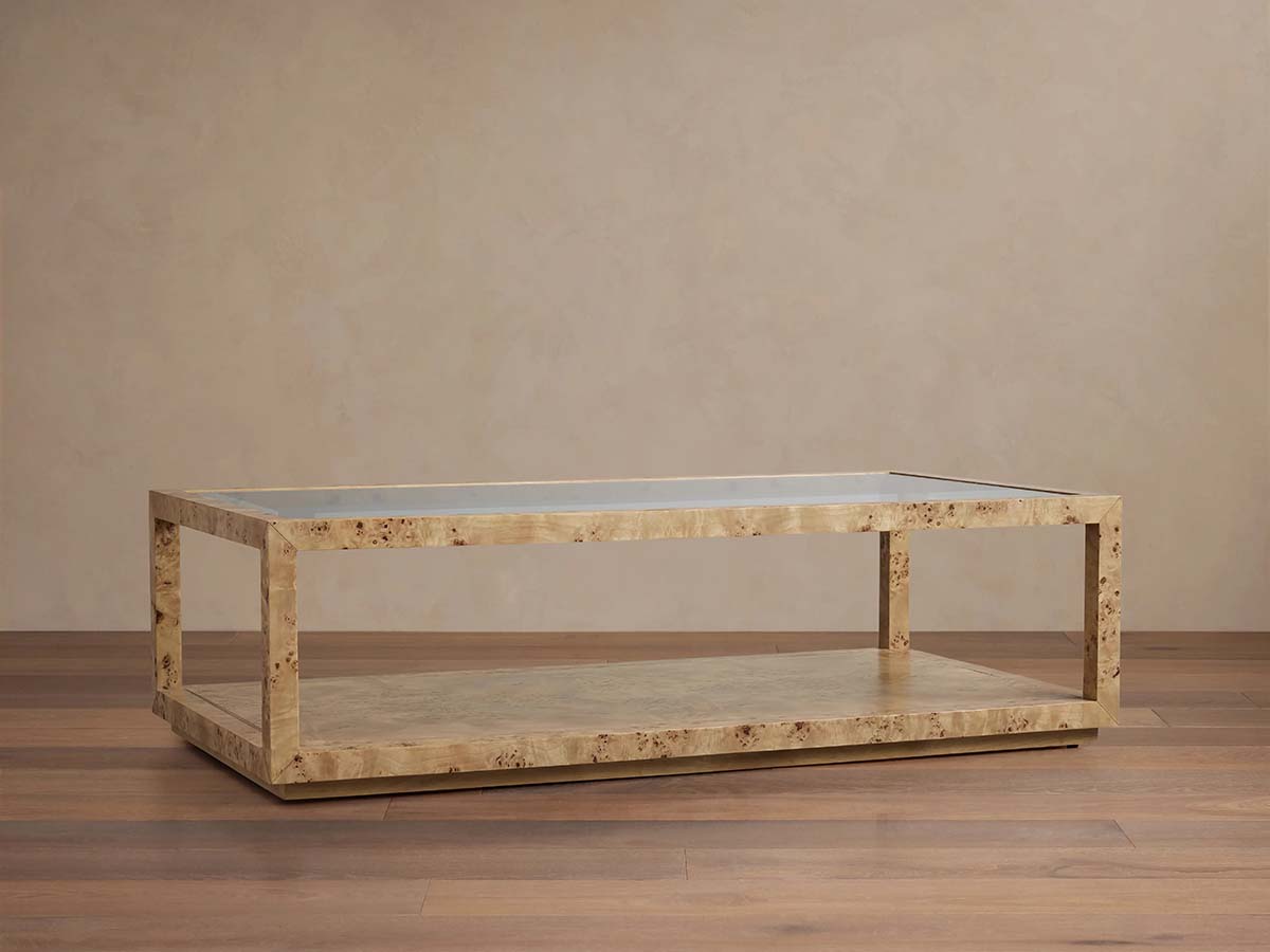 Corey Rectangle Coffee Table with Mappa Burl Wood & Glass Tabletop Sofa Center Tea Table Cocktail Table
