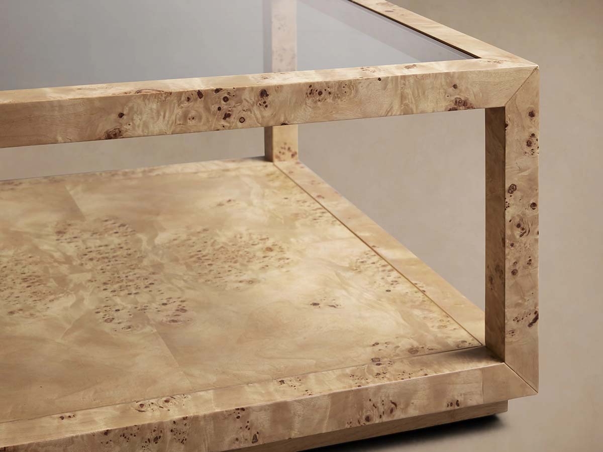 Corey Rectangle Coffee Table with Mappa Burl Wood & Glass Tabletop Sofa Center Tea Table Cocktail Table
