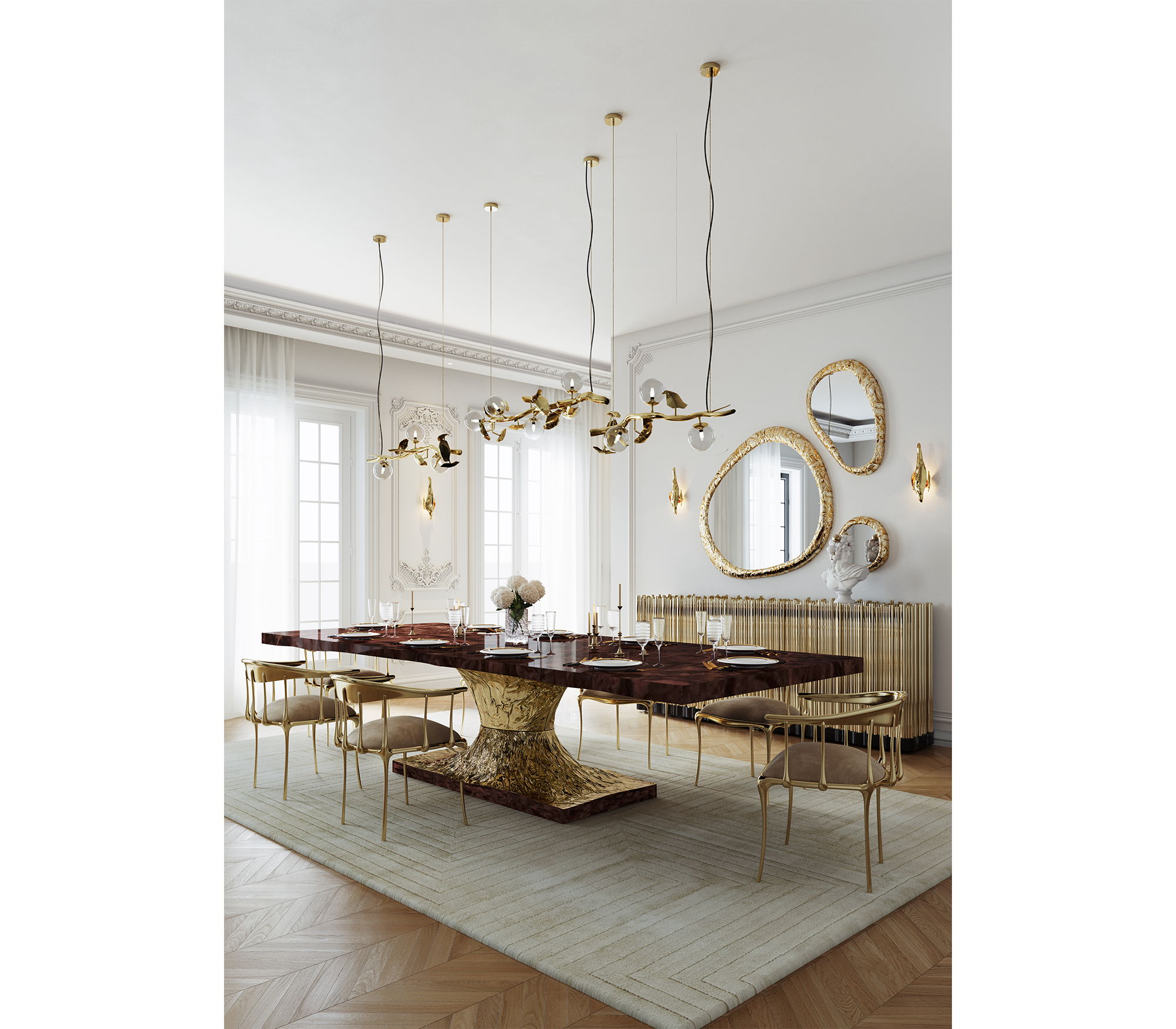 Nº 11 Cream Velvet Surrealist Polished Gold Dining Chair