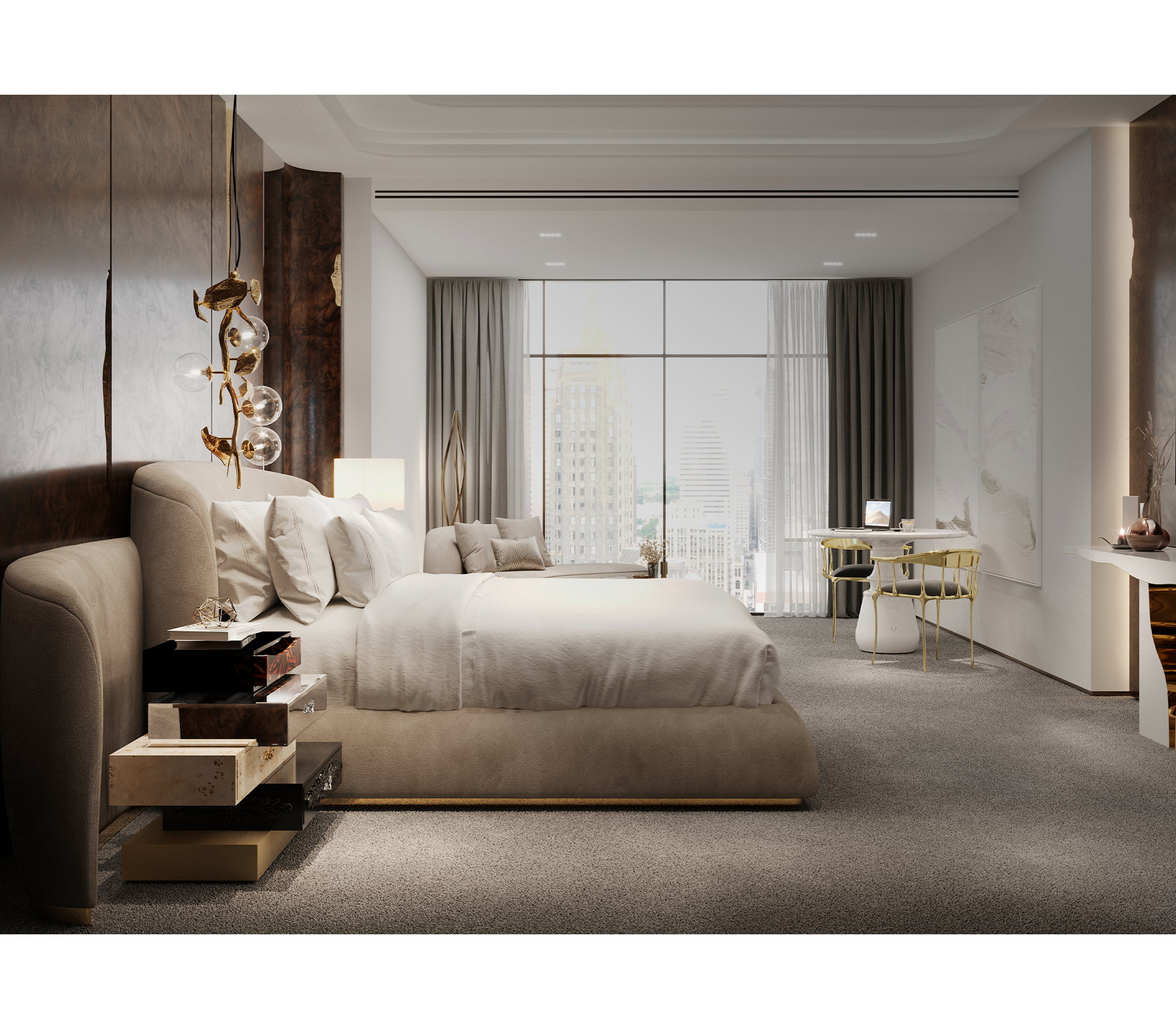 Odette Curved Velvet Polished Brass Luxury King Bed