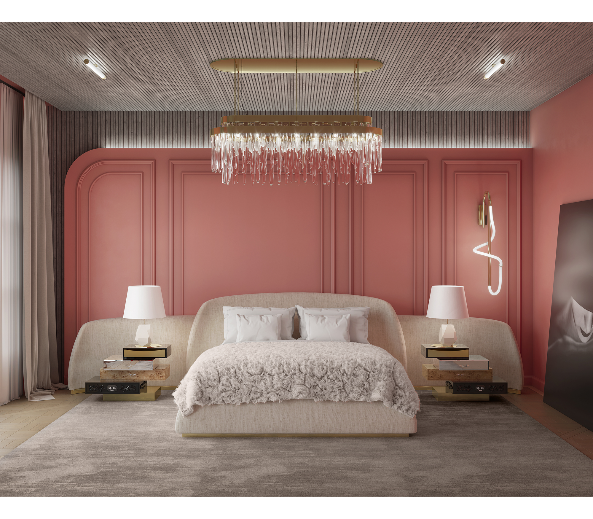 Odette Curved Velvet Polished Brass Luxury King Bed