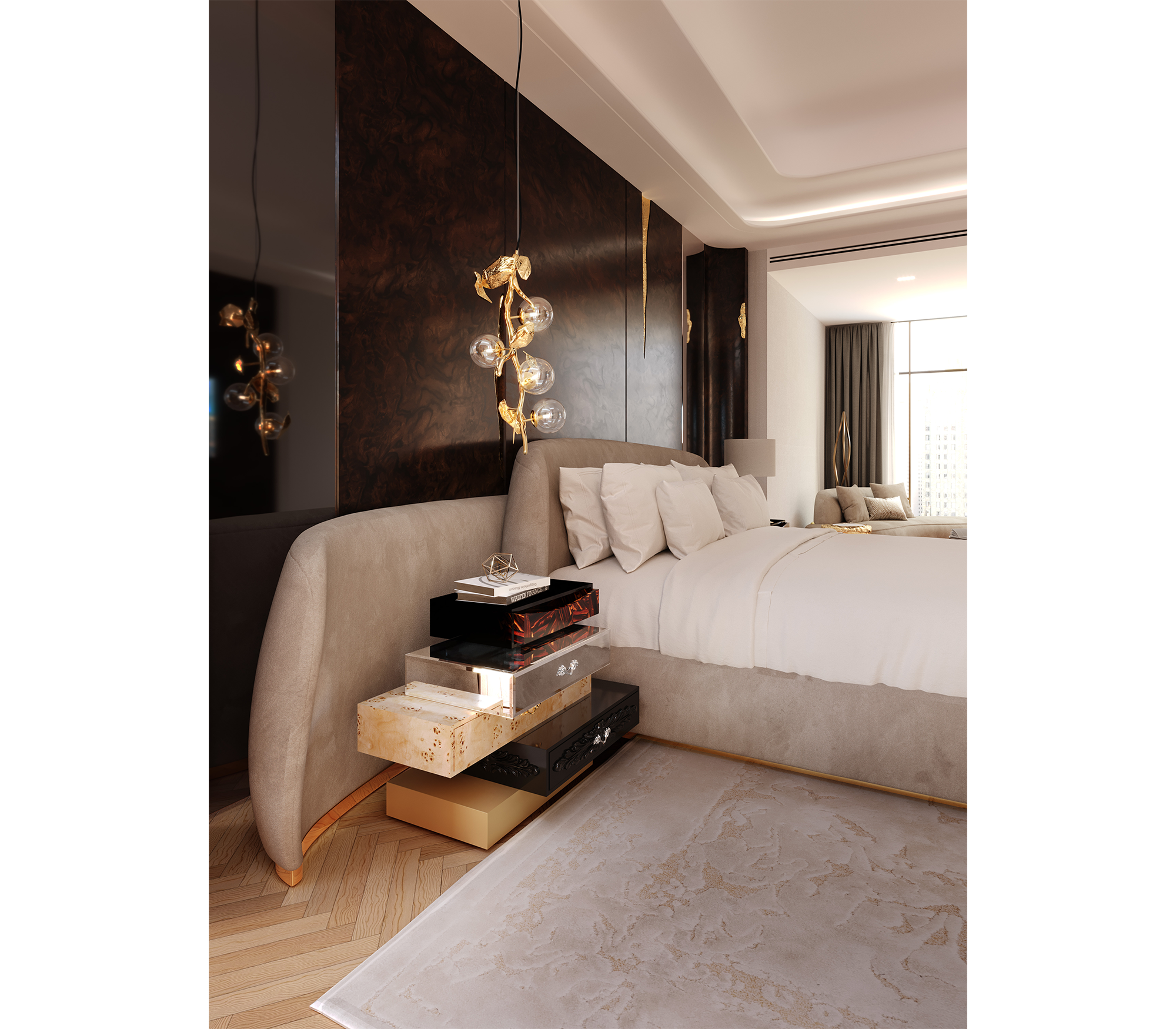 Odette Curved Velvet Polished Brass Luxury King Bed