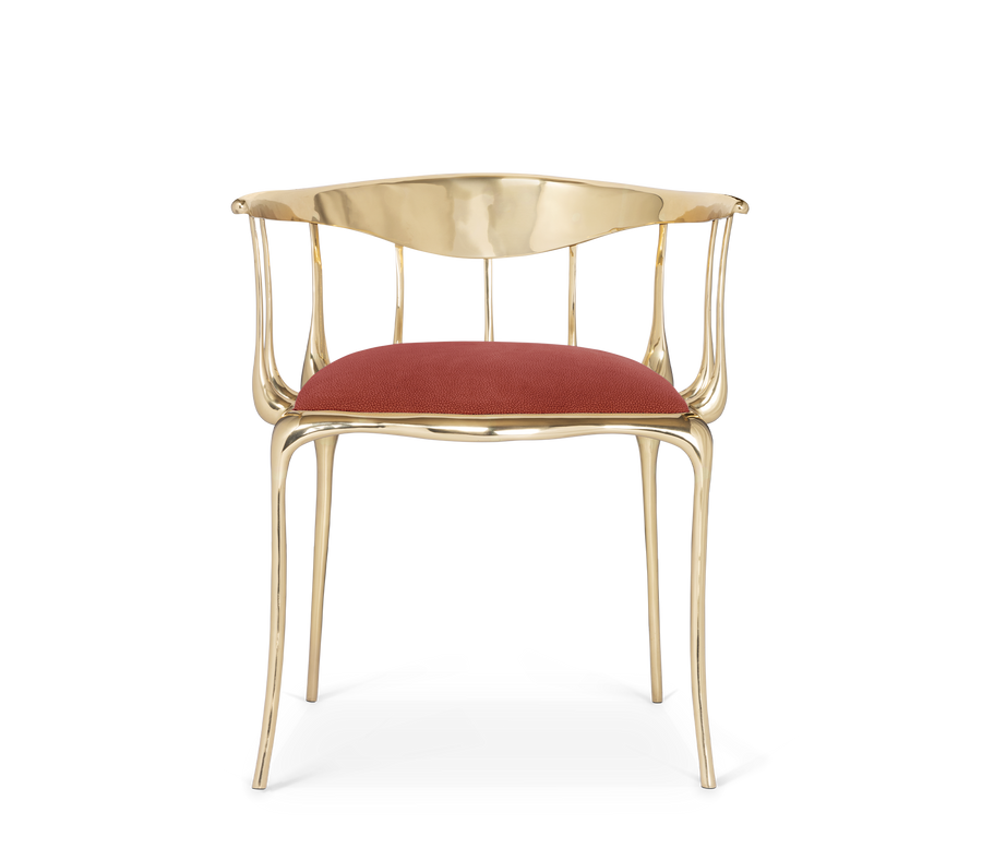 Nº 11 Burgundy Velvet Polished Gold Surrealist Dining Chair
