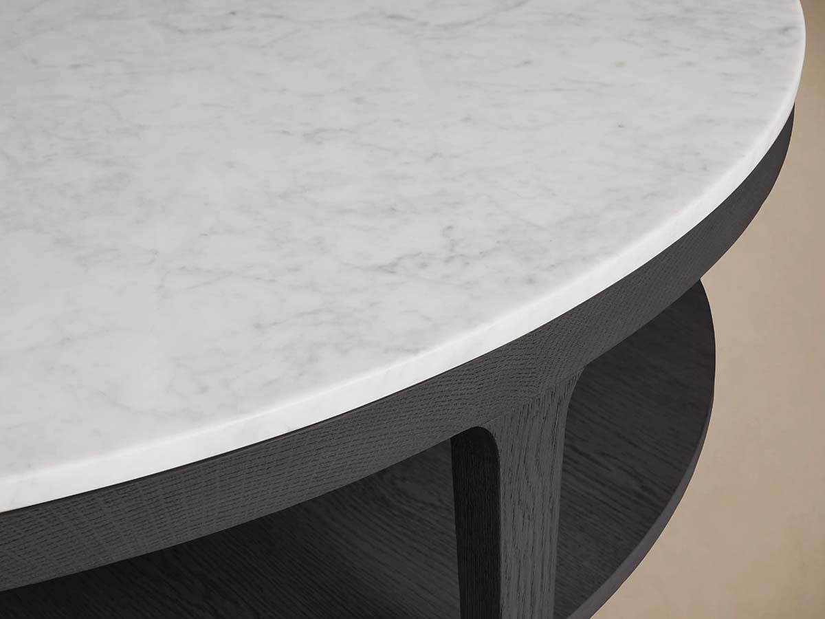 Danny Round Coffee Table with Marble Top & Oak Wood Base Living Room Center Tea Table