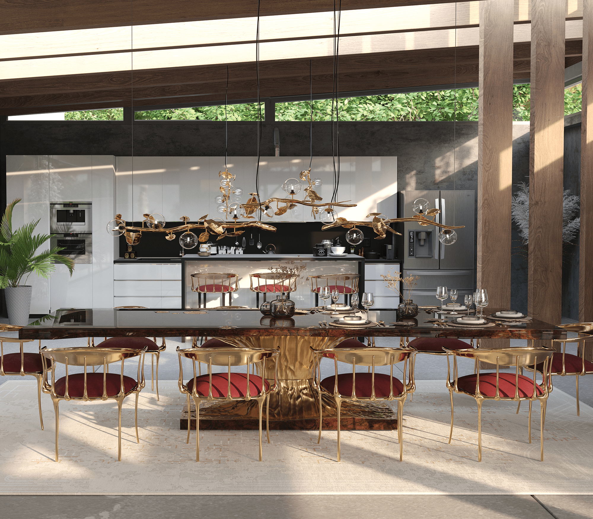Nº 11 Burgundy Velvet Polished Gold Surrealist Dining Chair