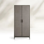 Malone Wood Storage Tall Display Cabinet Double Door Offers Bookcase with Leather Insets