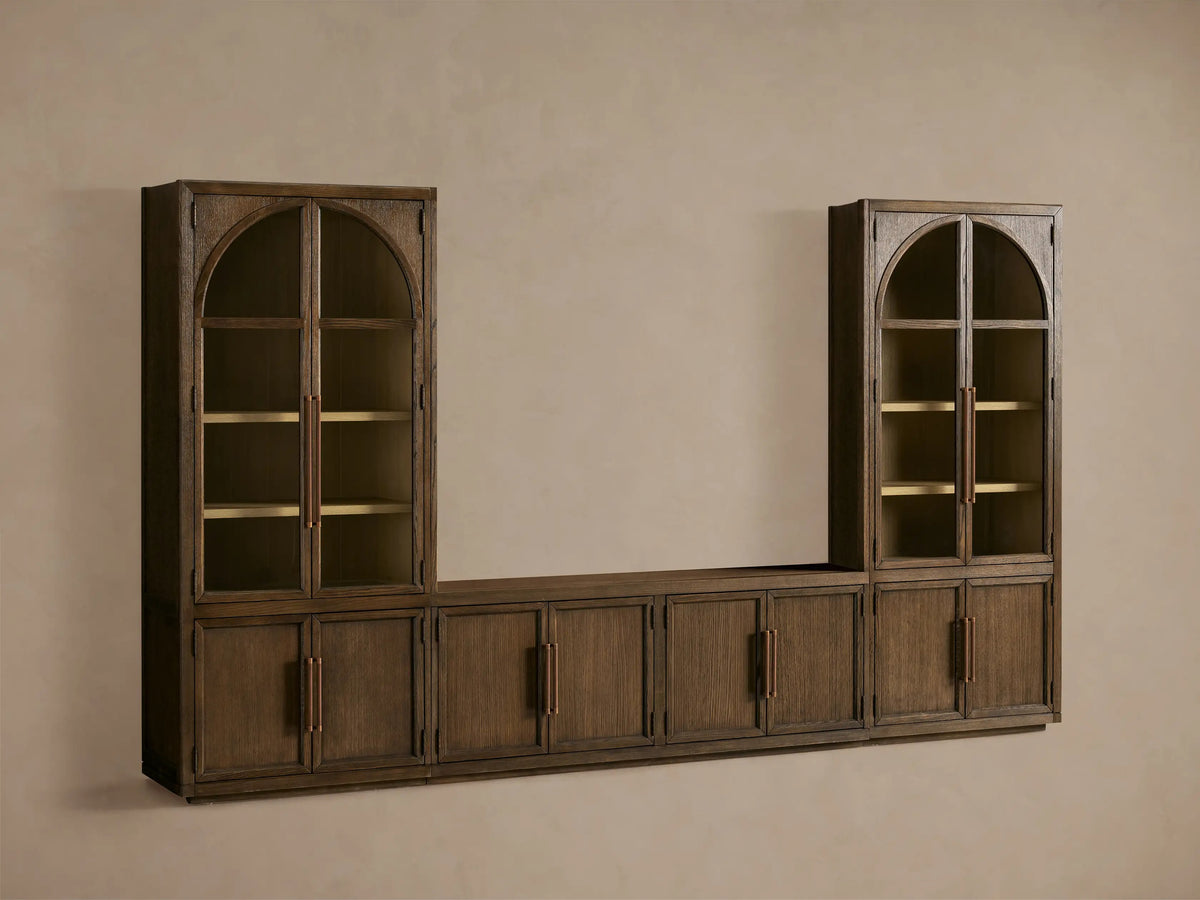 Hattie Arched Glass Cabinet 3-Piece Wall Unit with Oak Media Console