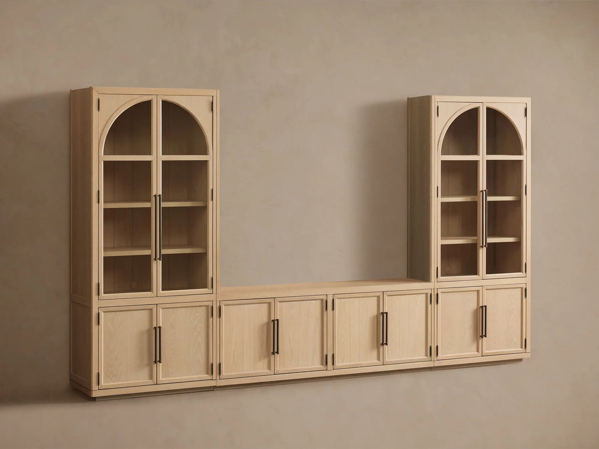 Hattie Arched Glass Cabinet 3-Piece Wall Unit with Oak Media Console