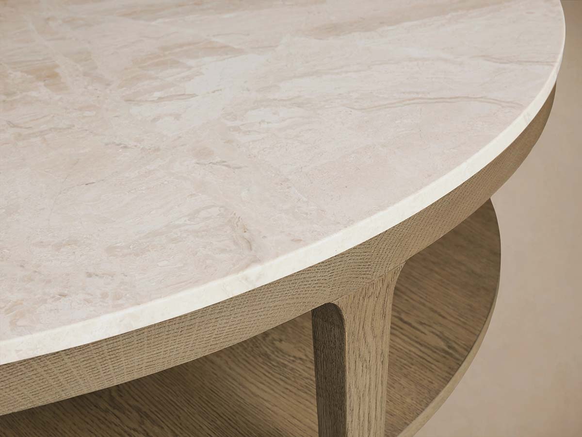 Danny Round Coffee Table with Marble Top & Oak Wood Base Living Room Center Tea Table