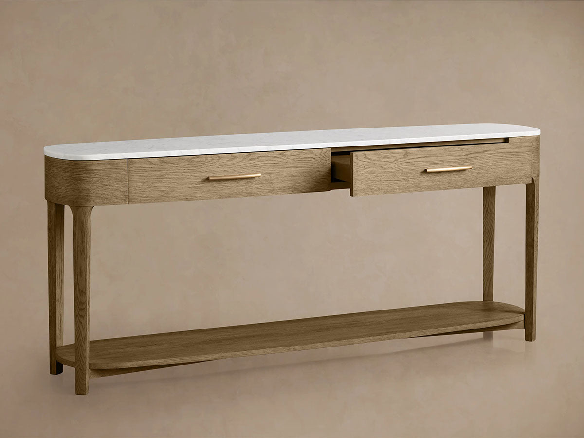 Danny Marble Top Entryway Console Table wtih Storage Drawers Brass Hardware Solid Oak Wood Hallway Entrance Table